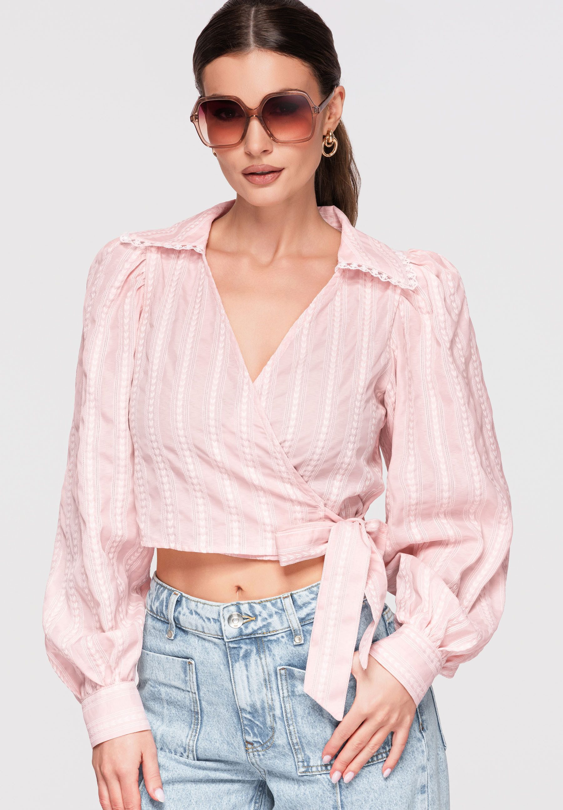 OMBRE Langarmbluse Damen Wickelbluse Kurz Slim Fit Rose L (kein Set, 1-tlg) Wickelbluse, taillierter Schnitt, Bindeband in der Taille