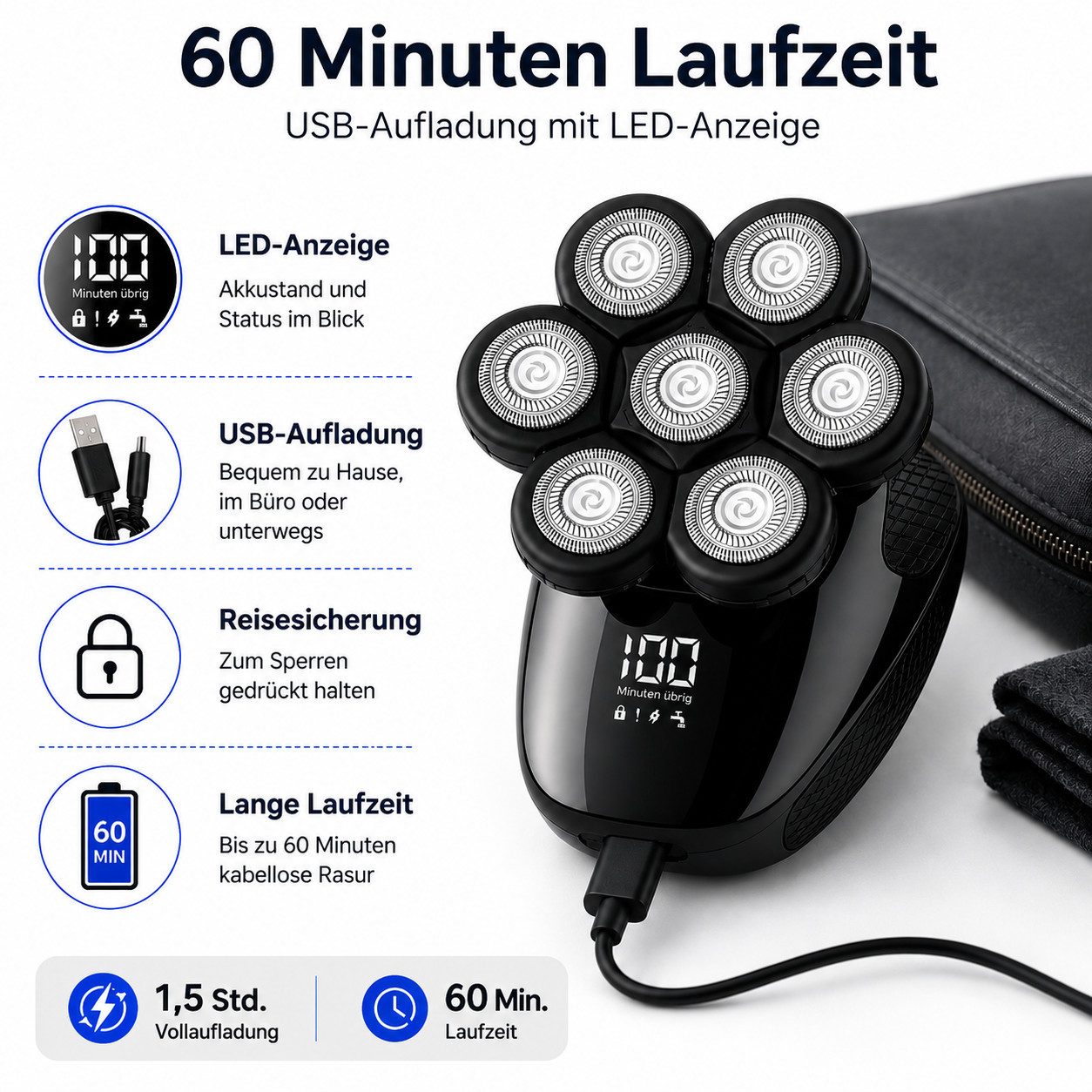 XEOOCE Nassrasierer Herren Rasierer, 5-in-1 Multifunktions-Trimmer, 7D Elektrorasierer, Set, Trimmer, Kämme, Nasenschneider, Reinigungsbürsten, USB-Kabel, 7 Sch – Bild 4 von 5