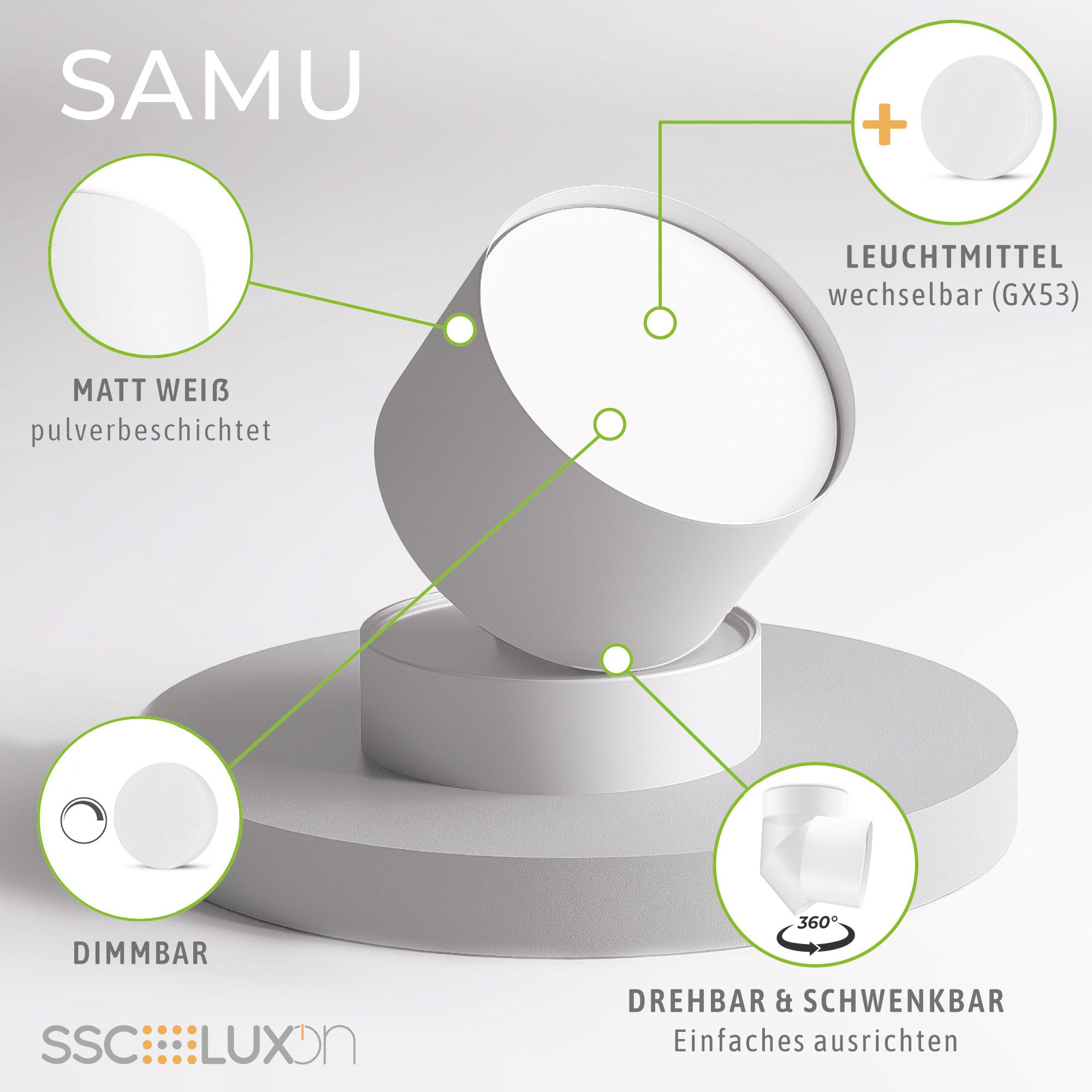 SSC-LUXon LED Aufbaustrahler Deckenlampe SAMU rund weiß mit GX53 LED 6W dimmbar warmweiß, Warmweiß