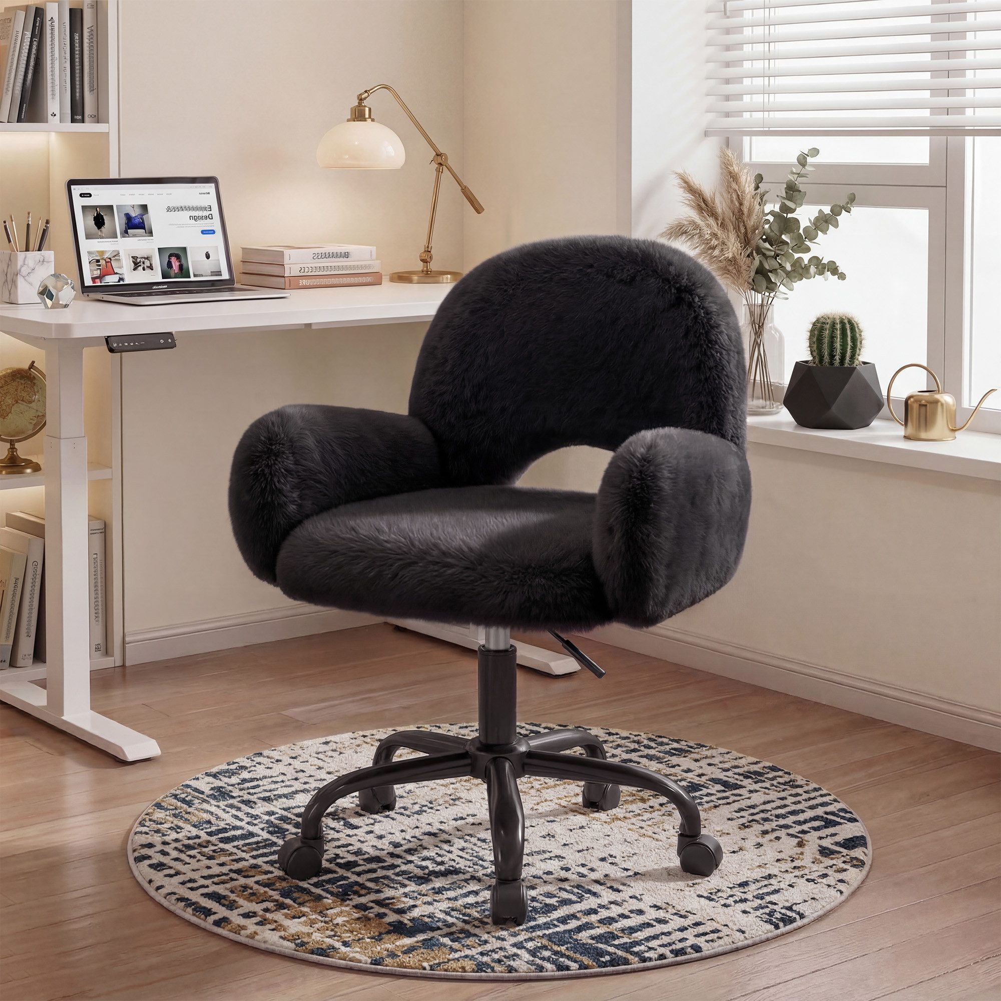 Klyvvo Drehstuhl Bürostuhl, Schreibtischstuhl mit weichem Kunstkaninchenfell (ideal für Homeoffice, Schlafzimmer, 1 St), Höhenverstellbarer Schminktisch Stuhl mit Armlehnen