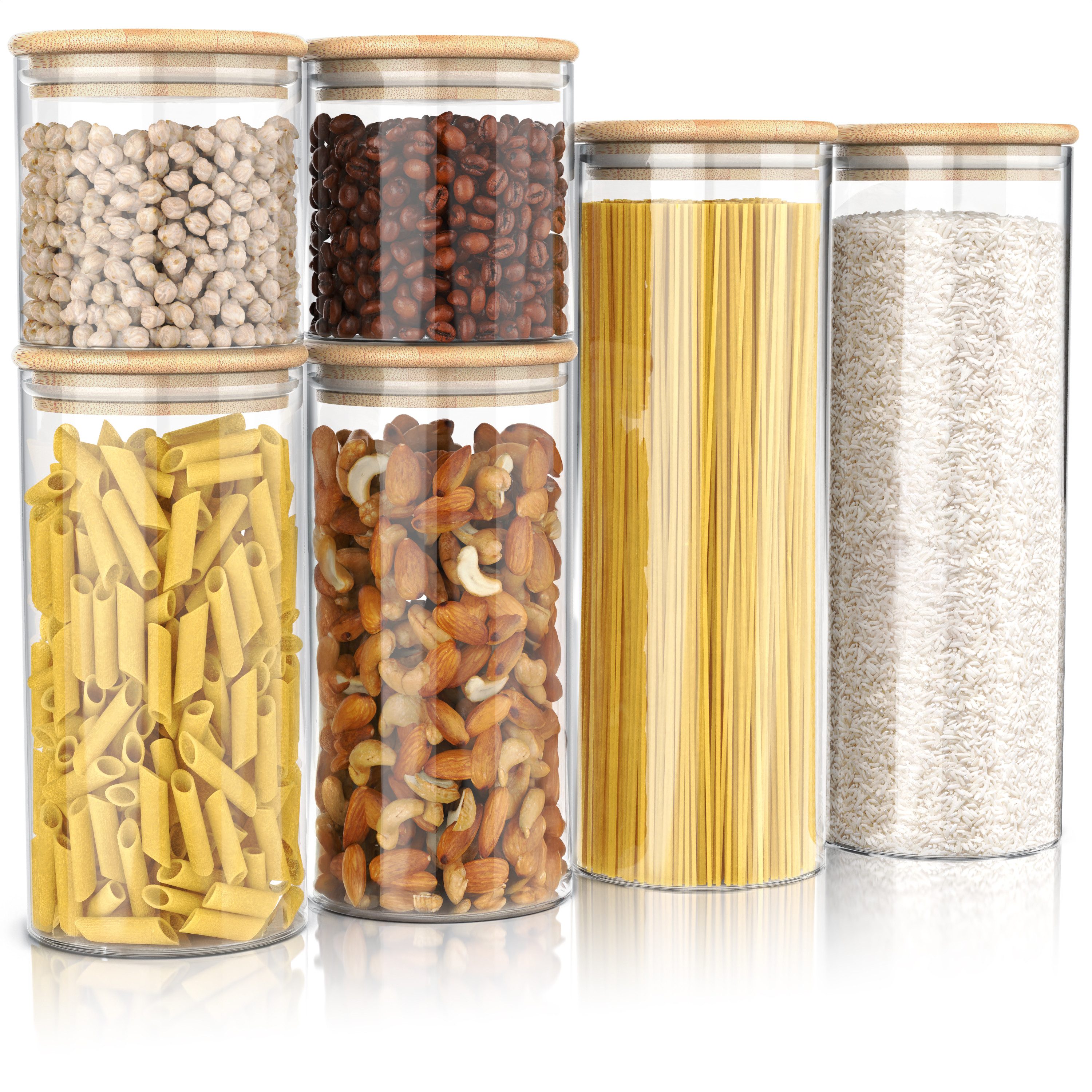 Arendo Aufbewahrungsbecher Glasbehälter 2x 0,785L, 2x 1,57L & 2x 2,2L Borosilikat, Bambusdeckel, Borosilikatglas, Bambus, Silikon, (Vorratsbehälter-Set, 6-tlg., 6er Set), Hitzebeständig, umweltfreundlich, luftdicht, mikrowellengeeignet
