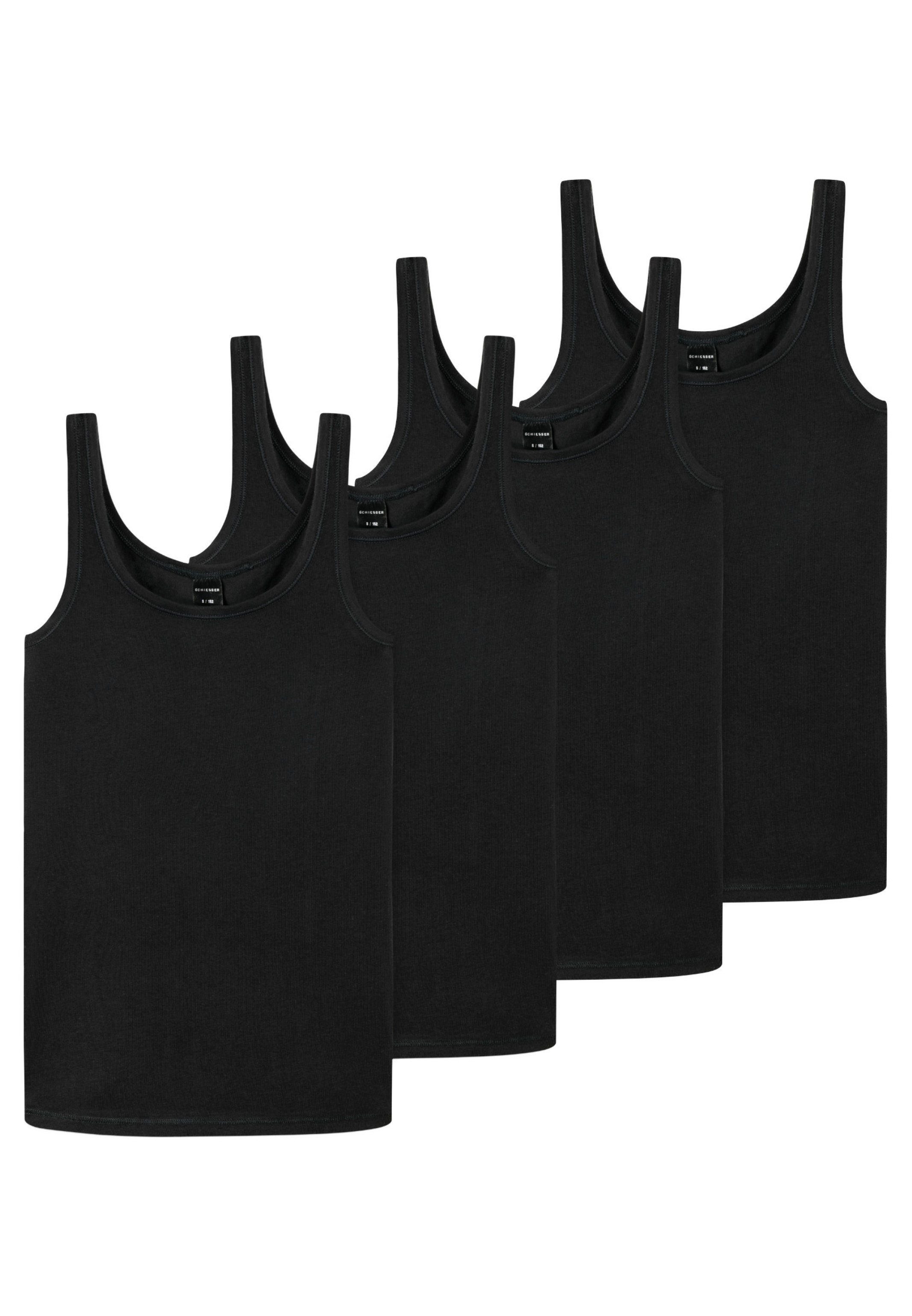 Einfass Organic Arm- Unterhemd mit und Pack Girls 95/5 Top / (Spar-Set, Cotton Halsausschnitt Schiesser Unterhemd Teens Baumwolle Schwarz 4-St) 4er - -