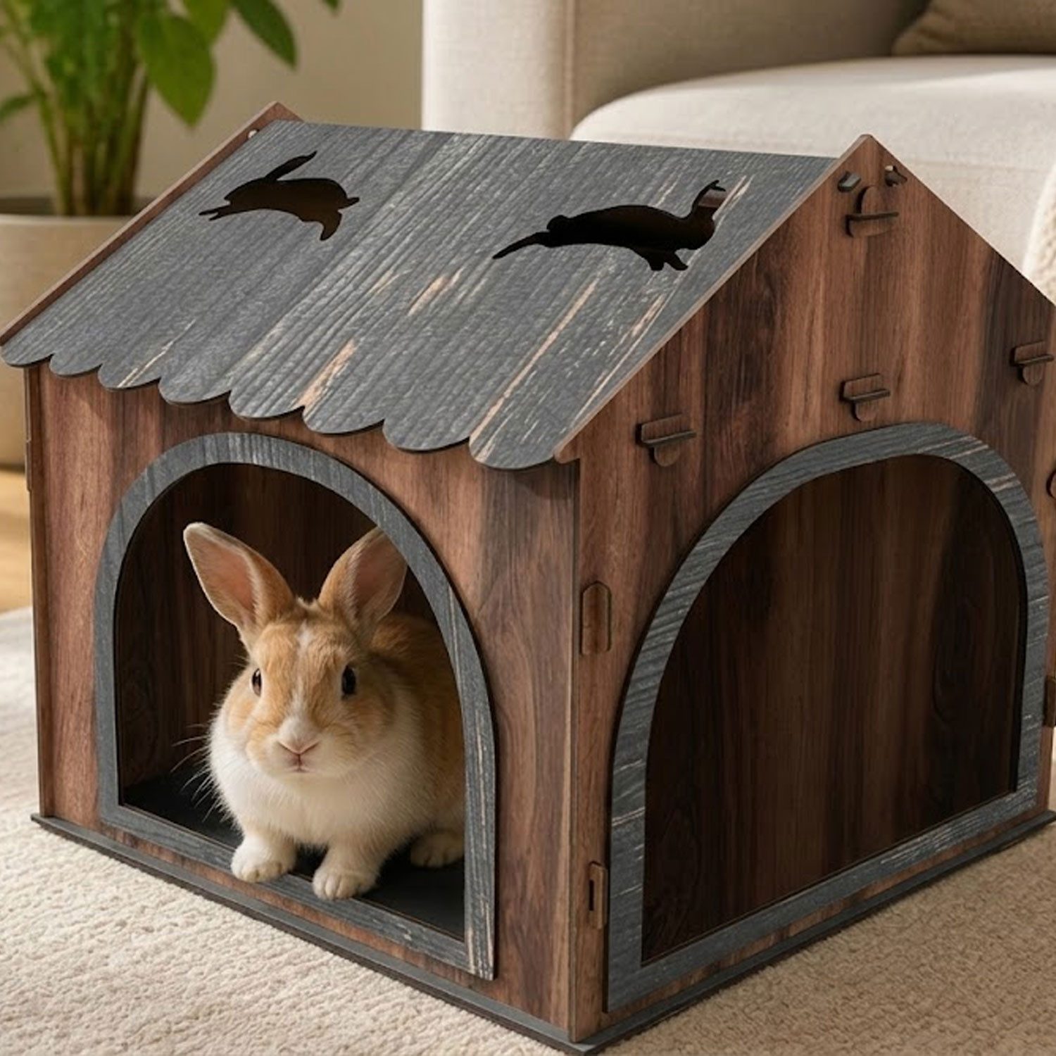 Jungengel Kleintierhaus Großes Kaninchen Hasenhaus Holz Indoor Kaninchenhaus Stauraum, Dach-Stauraum, 2 Eingänge, Stecksystem, Laserzuschnitt, Indoor