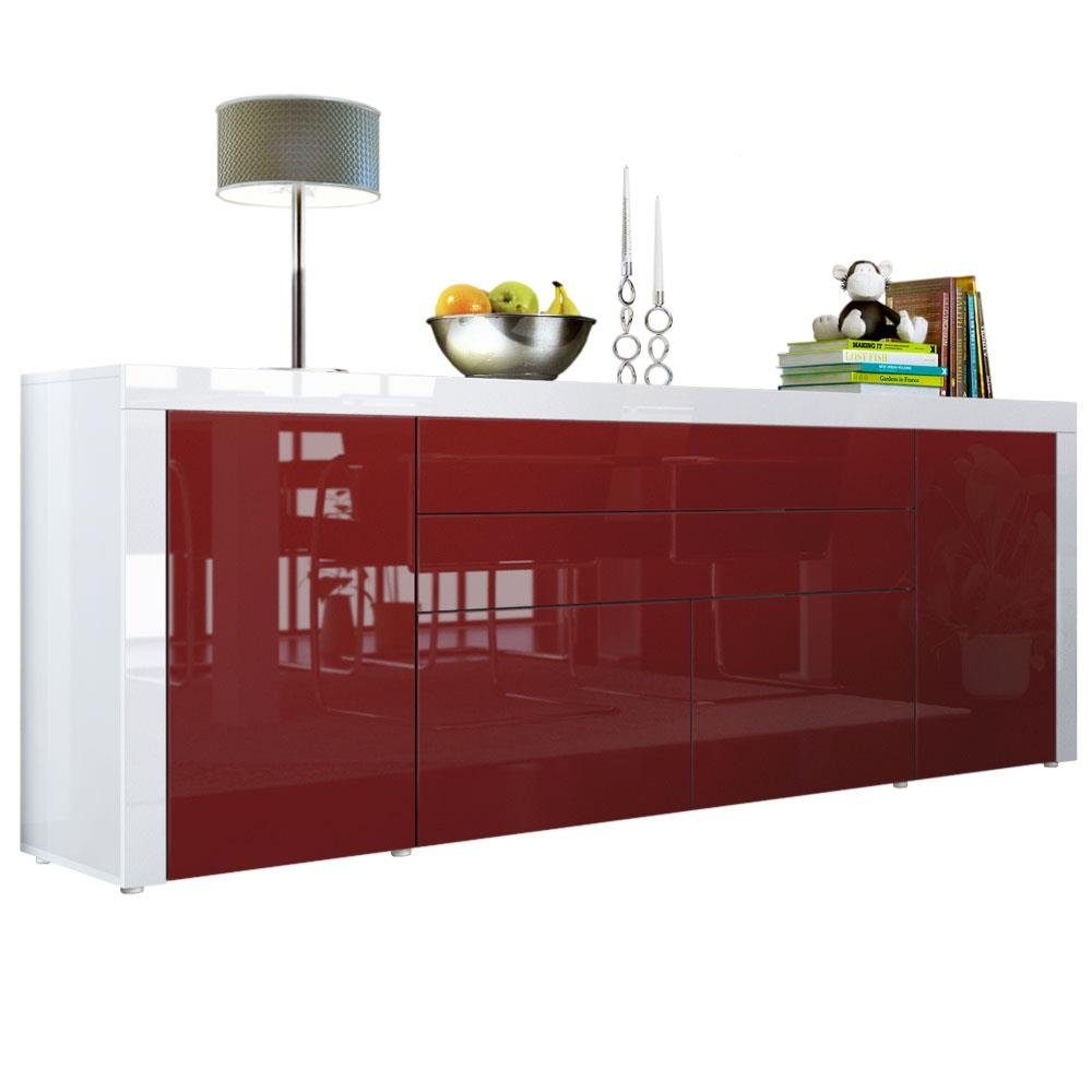 Vladon Sideboard La Paz (Kommode, mit 2 Türen, 2 Schubkästen und 2 Klappen), Bordeaux Hochglanz/Weiß Hochglanz (200 x 72 x 35 cm)