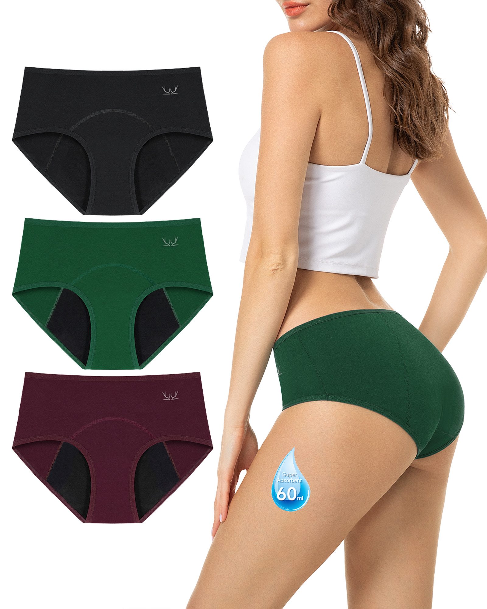 TANSTC Periodenslip Periodenunterwäsche Damen, Menstruationsunterwäsche (Packung, 3er-Pack) auslaufsicher, für starke Tage geeignet, mehrlagiger Schutz, waschbar