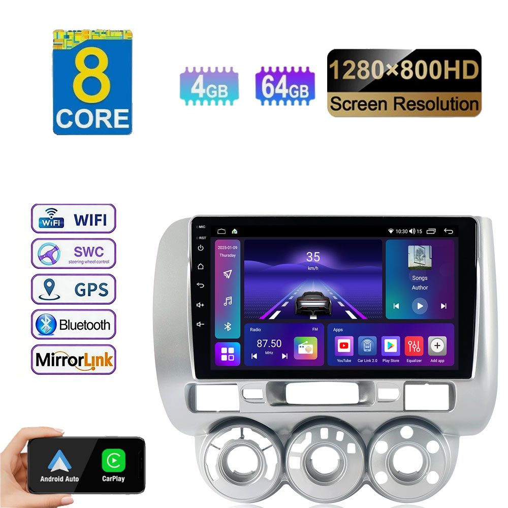 A-Sure Carplay 4+64GB für Honda Jazz Fit 2001-2008 Android 15 GPS Navi SWC FM Autoradio (Digitalradio (DAB), FM, AM, 1280*800 IPS Screen/8-Core CPU)