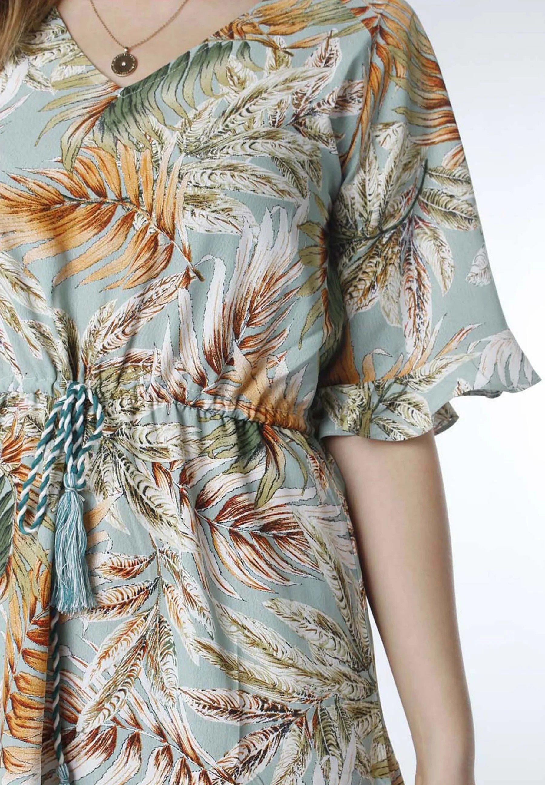 Strange Sommerkleid Tropikal Kordelzug,Tunnelzug,Rüschen an Ärmeln