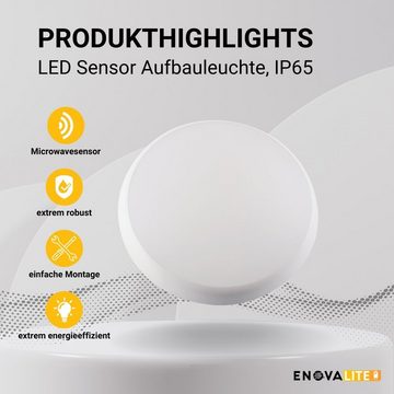 ENOVALITE LED Außen-Deckenleuchte LED Aufbauleuchte mit Sensor, 18W, 1880 lm, 4000K, ø250x48mm, IP65, LED fest integriert, neutralweiß
