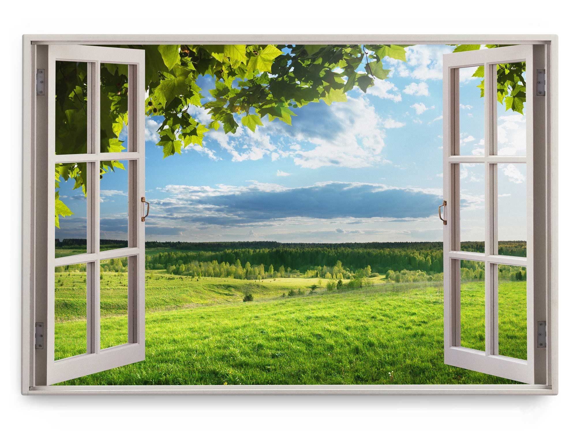 Sinus Art Leinwandbild Wandbild 120x80cm Fensterbild Sommer Landschaft Grün Wiese Natur Baumk, (1 St)