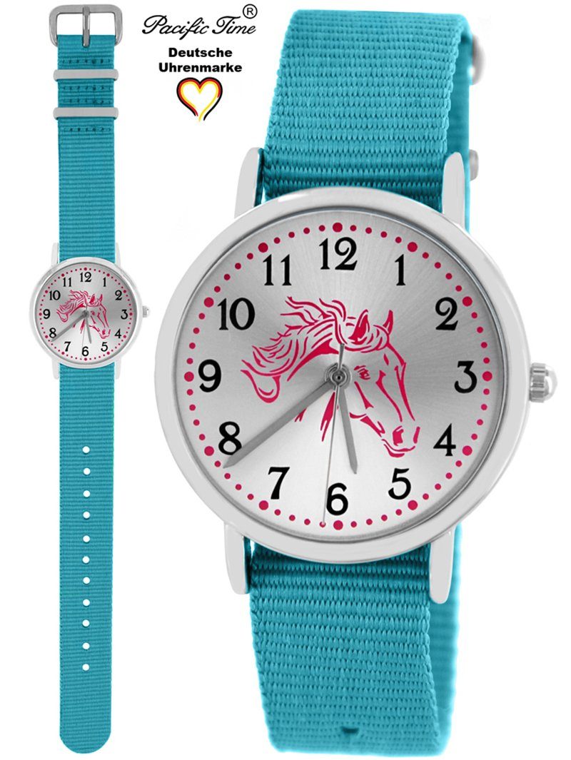 Pacific Time Quarzuhr Kinder Armbanduhr Pferd rosa Wechselarmband, Mix und Match Design - Gratis Versand hellblau