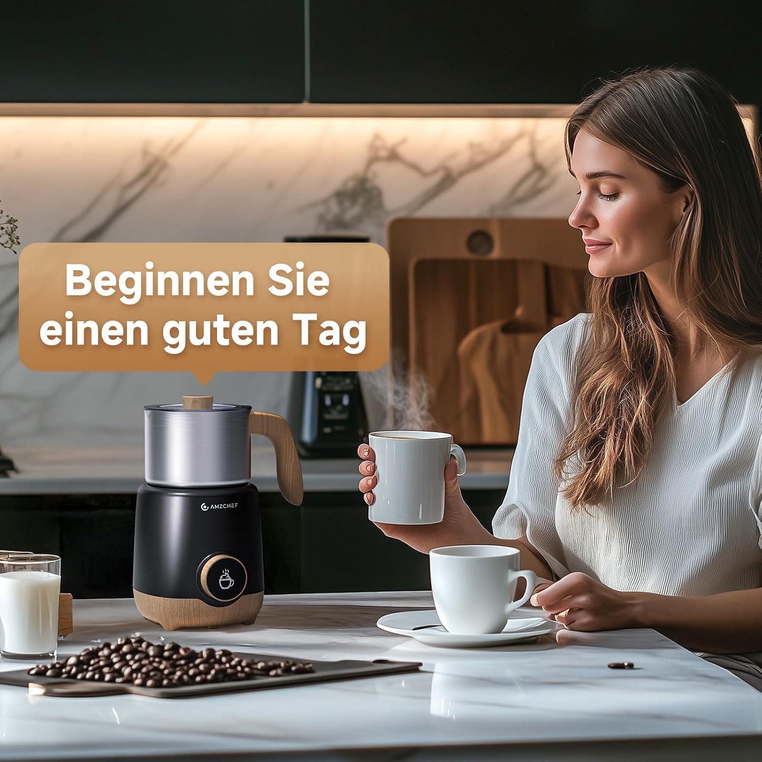 AMZCHEF Milchaufschäumer MMF-9117 600ml 8-IN-1 für Heißen & Kalten Milchschaum OLED Display, 550 W, 8 Betriebsmodi, Induktionserwärmung, schonendes Erhitzen, Leise