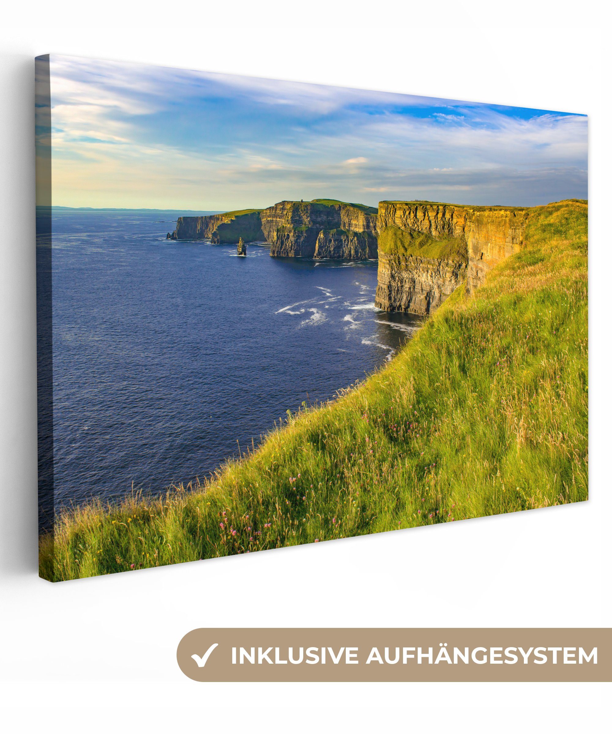 OneMillionCanvasses® Leinwandbild Grüne Küstenlinie der irischen Cliffs of Moher, (1 St), Wandbild Leinwandbilder, Aufhängefertig, Wanddeko, 30x20 cm