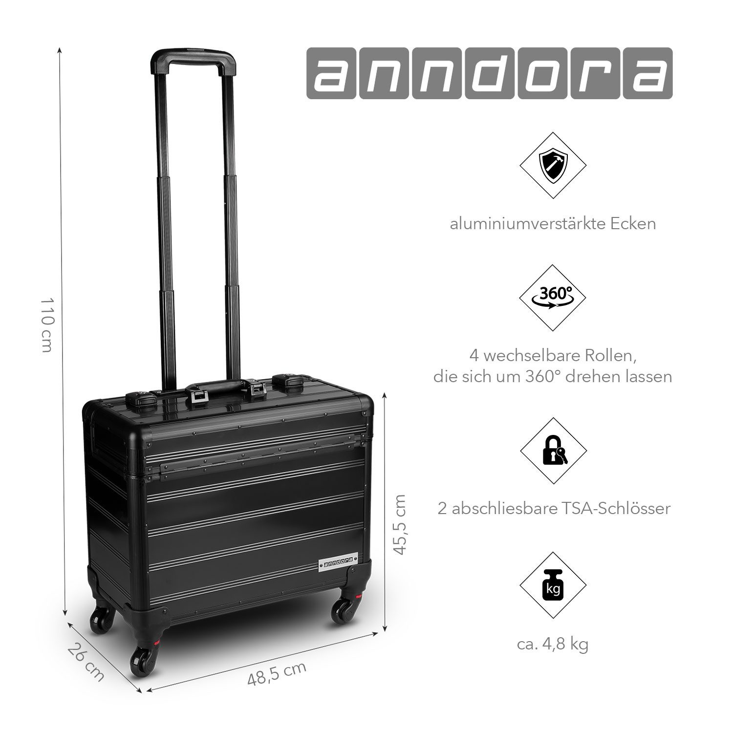 anndora Business-Trolley 4 Rad Pilotenkoffer mit TSA Schloss Schwarz, auszi günstig online kaufen