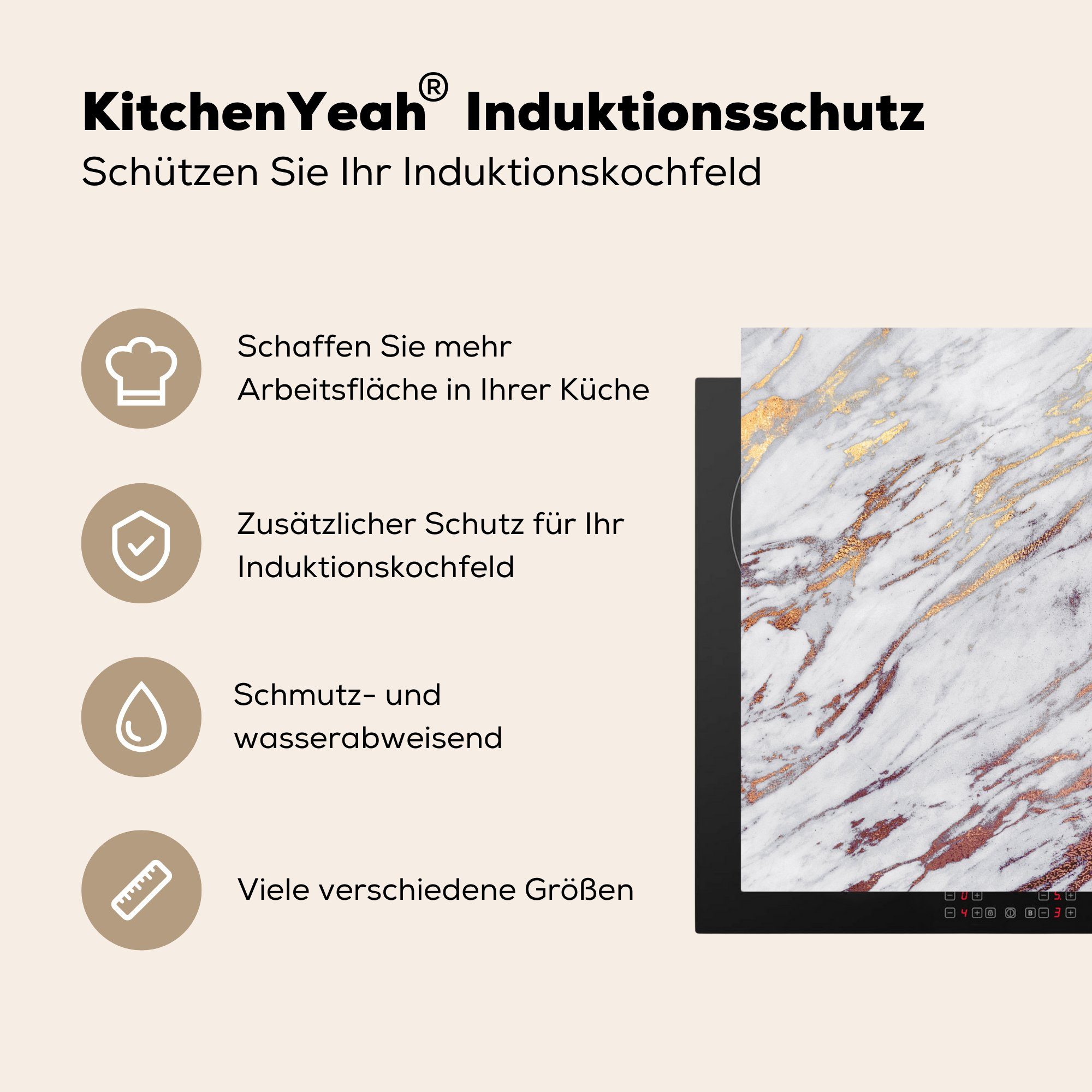 MuchoWow Herdblende-/Abdeckplatte Marmor - Weiß für tlg), (1 - küche Gold Vinyl, - Rot, 78x78 cm, Arbeitsplatte Ceranfeldabdeckung