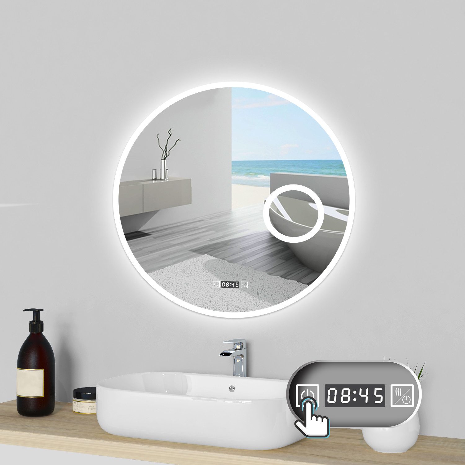 duschspa Badspiegel Rund Badezimmerspiegel Wandspiegel mit LED Beleuchtung Touch, Φ 40/50/60/70/80/90/100 cm runder Spiegel