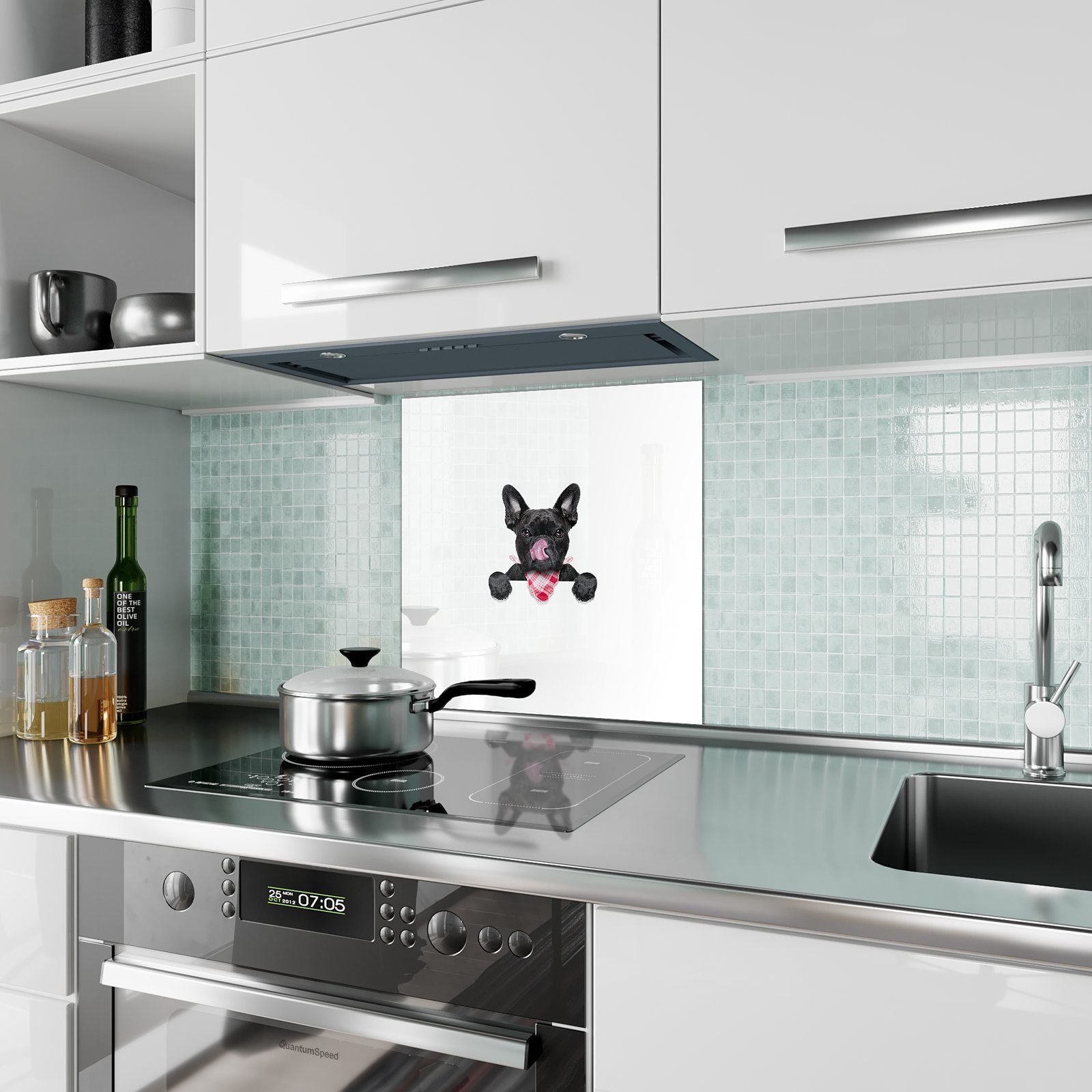 Primedeco Küchenrückwand Küchenrückwand Spritzschutz sich Hund mit Maul das Glas ab Motiv leckt