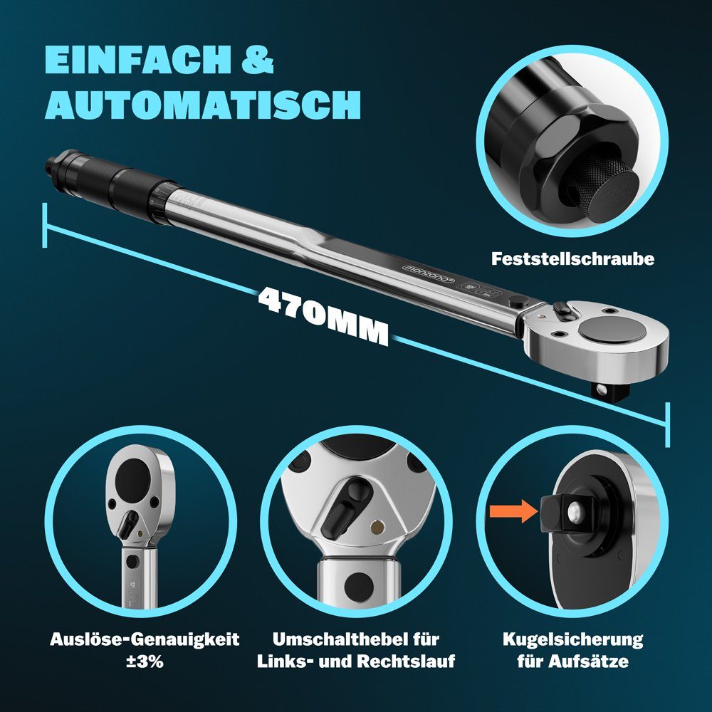 Deuba Drehmomentschlüssel Monzana (6 St), 40-210Nm 1/2 " CV inkl. 3 Stecknüsse +/- 3% kalibriert Auto Motorrad – Bild 5 von 5