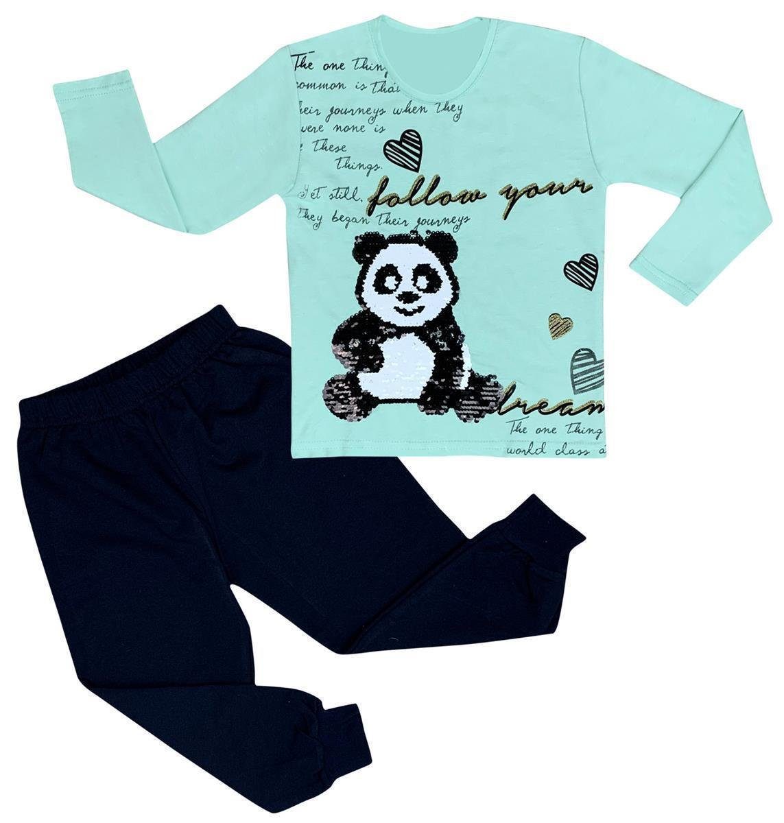 LOREZA Pyjama Mädchen Pyjama Set langarm Panda Schlafanzug Hausanzug Baumwolle (Set, 2 tlg) Aqua