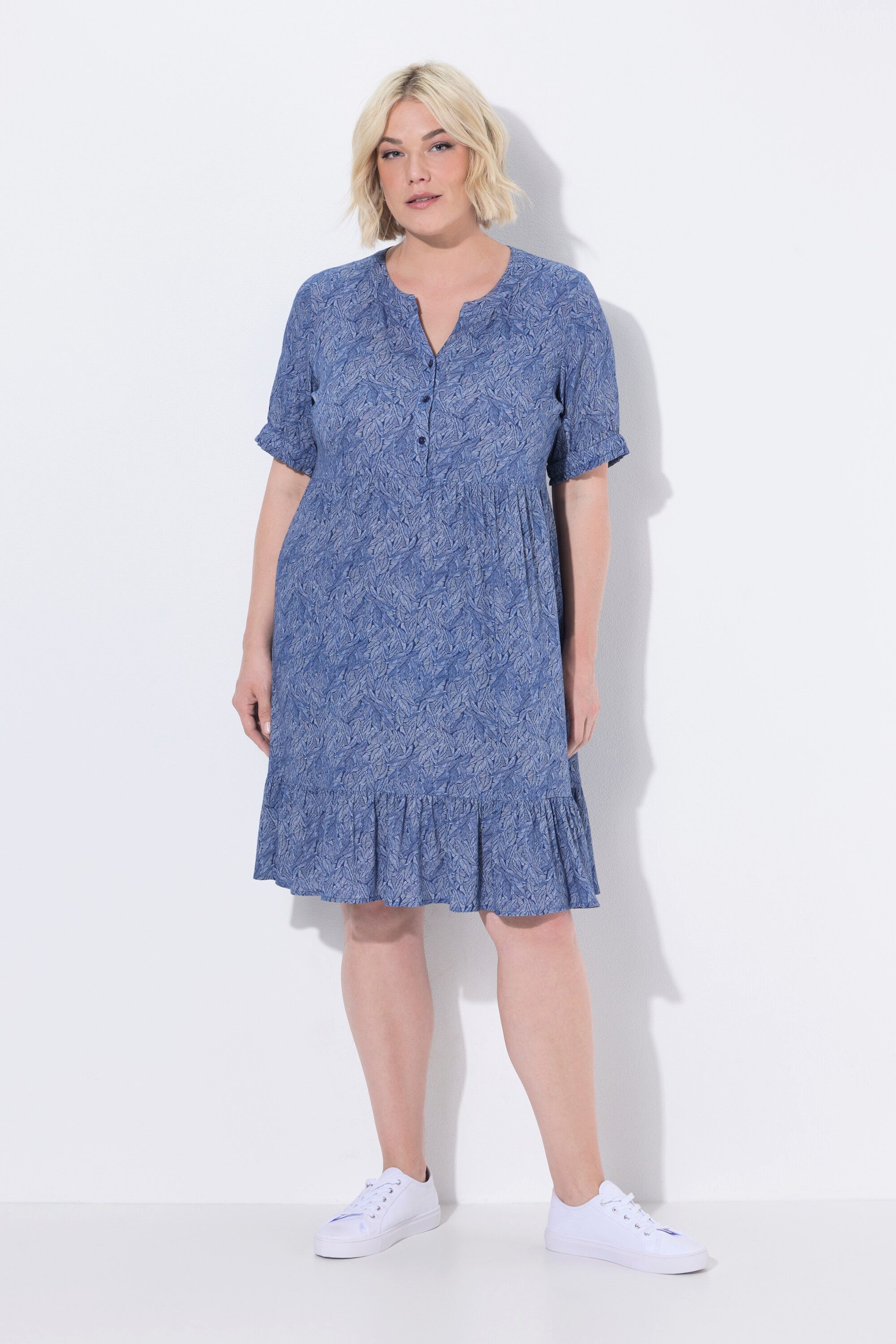 Ulla Popken Jerseykleid Kleid Blätter A-Linie Tunika-Ausschnitt Halbarm