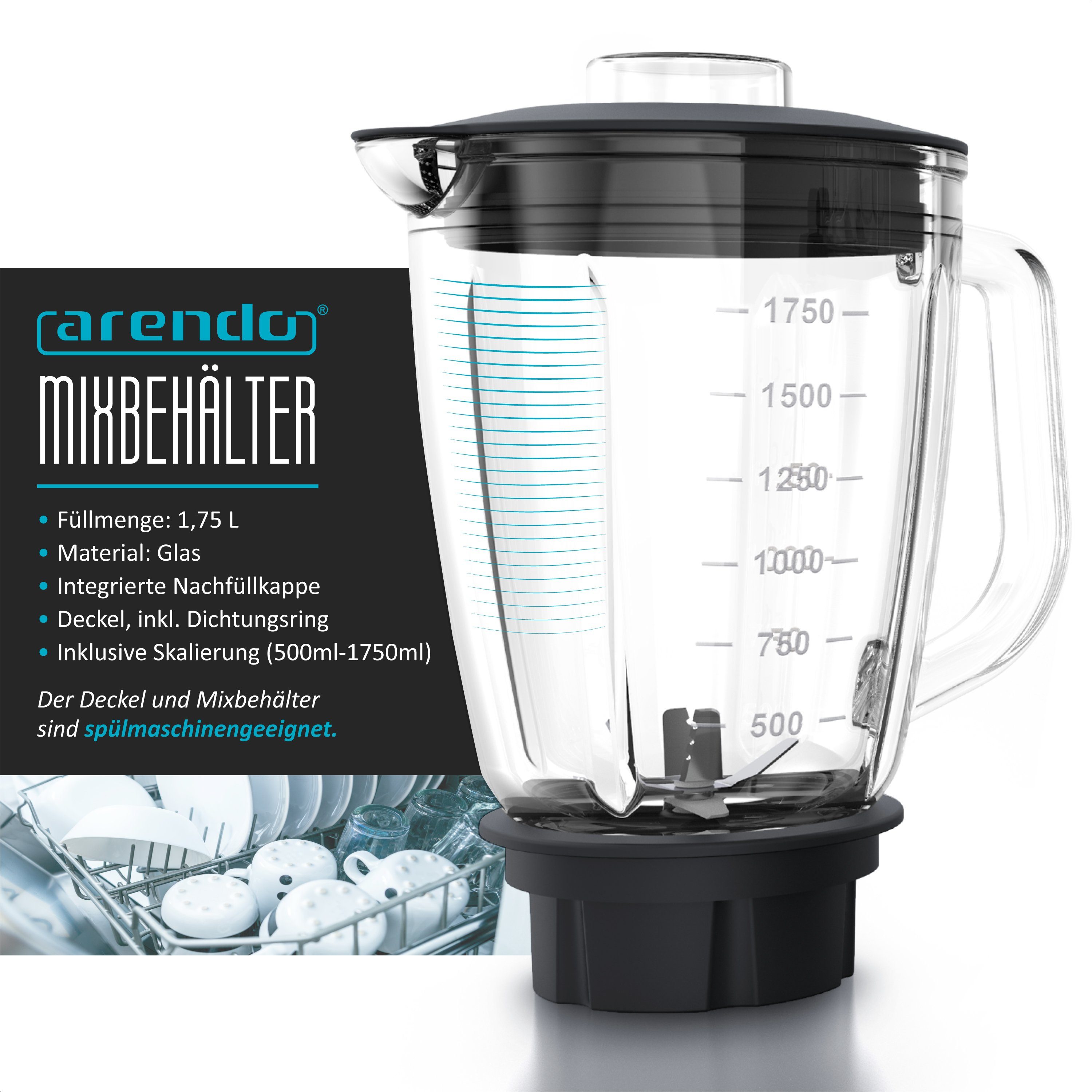 Arendo Standmixer Edelstahl Power Mixer, Hochleistungsmixer, 1,75l Glasbehälter, Blender, 1400 W, Edelstahlmesser, 10 Leistungsstufen, Impulsfunktion Hochleistu – Bild 4 von 5