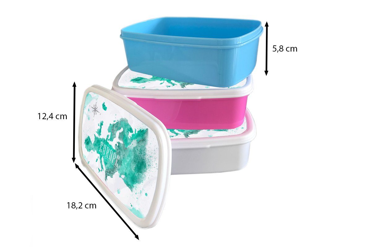 Kunststoff, Lunchbox Erwachsene, für Weltkarte und Aquarell Europa, - - Jungs MuchoWow Brotbox weiß für und Brotdose, Mädchen Kinder (2-tlg),