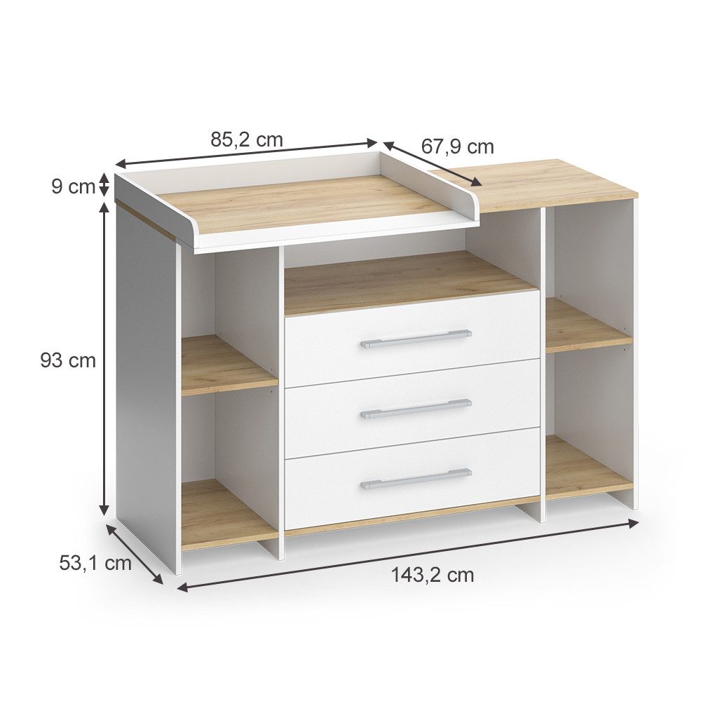 Vicco Wickelkommode Oskar, Weiß/Goldkraft Eiche, 143.2 x 93 cm mit 3 Schubladen