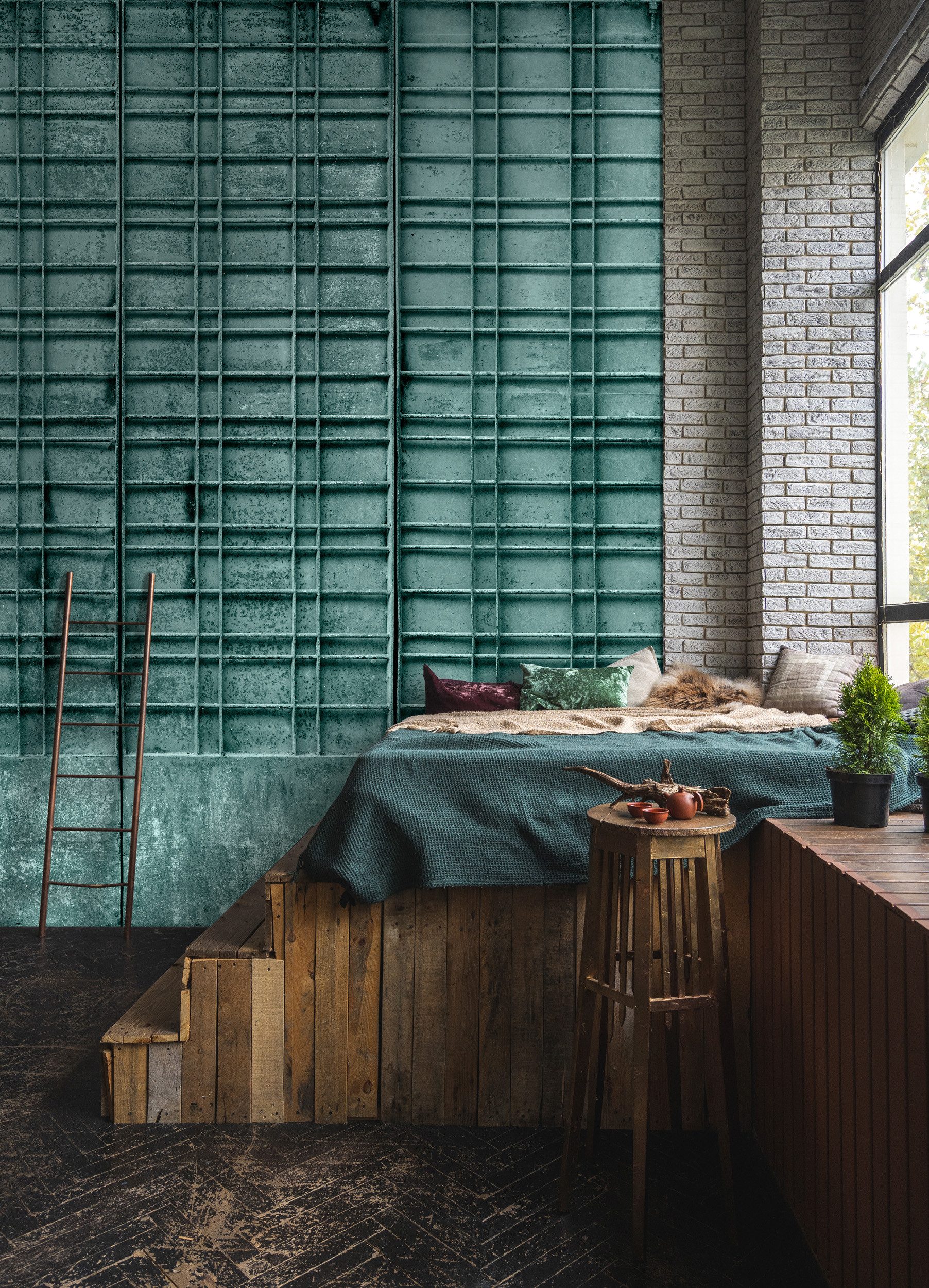 living walls Vliestapete Industrietapete Gitterstruktur Türkis Used Look, glatt, matt, (1 St)
