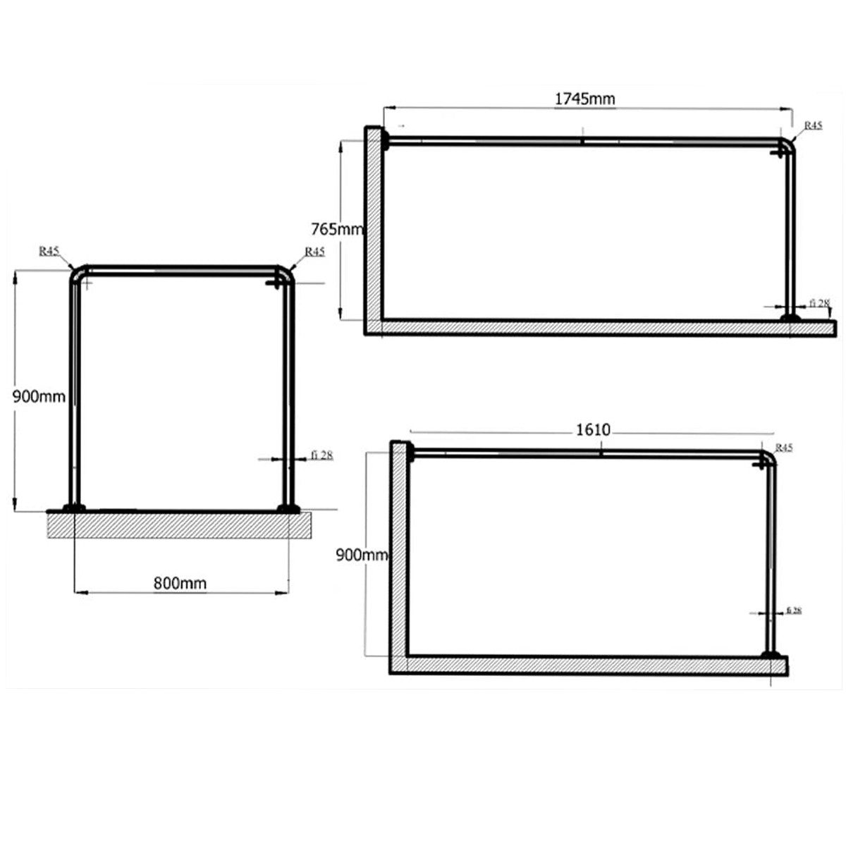 Ekershop Winkelstange Alu Weiß 3er Extra Dick Duschvorhangstange Winkelduschstange, Ø 28 mm, kürzbar, Verschraubt, Aluminium, für Duschvorhang ohne Duschvorhangringe