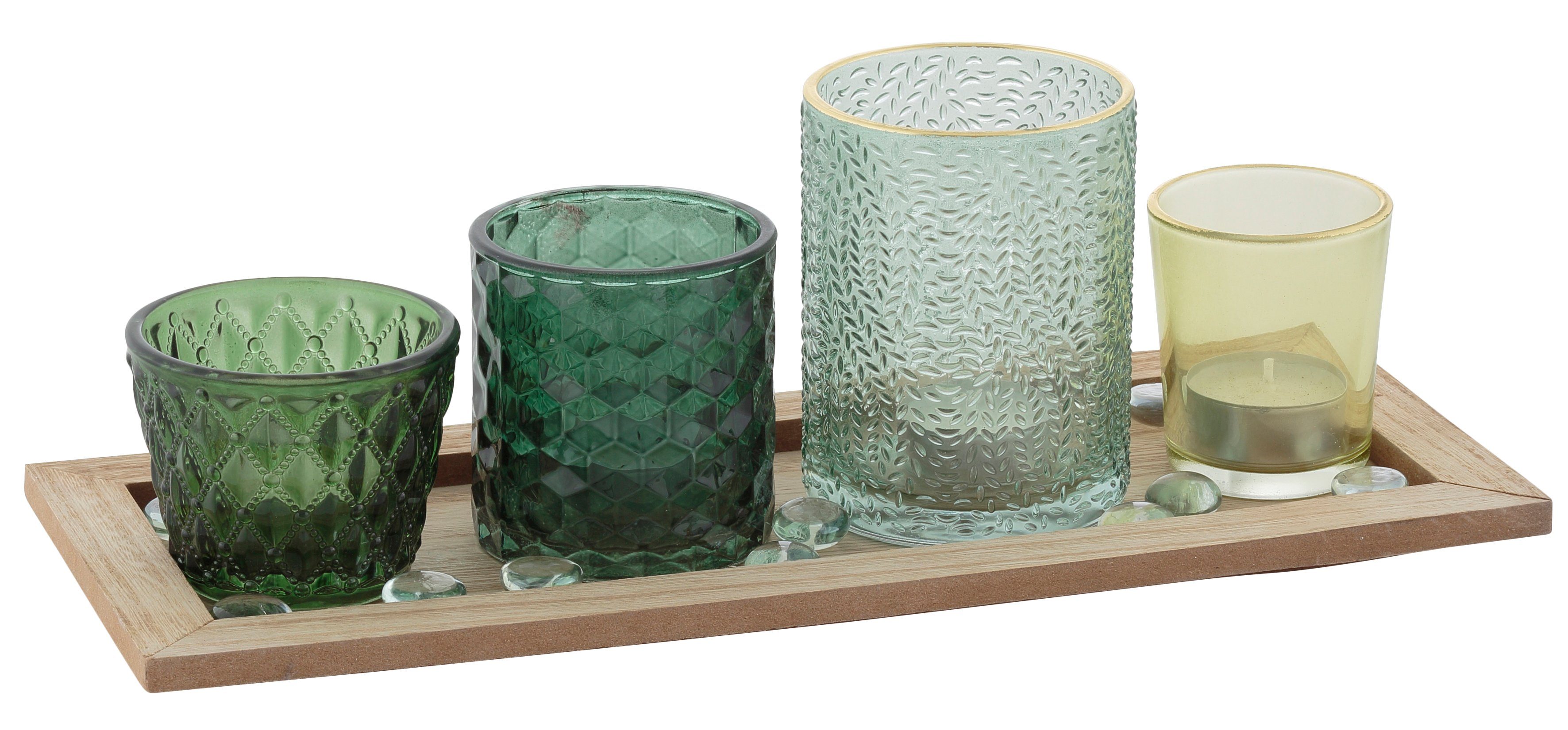 4x Glas Teelicht-Halter Grün Türkis Kerzen-Gläser Ständer Windlicht Tisch-Deko 