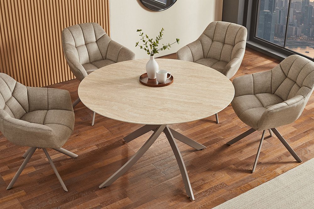 riess-ambiente Esstisch ALPINE 120cm natur/champagner greige - Travertin-Keramik, Metall, rund (Einzelartikel, 1-St), mit Sterngestell & Platz für 4 Personen – ideal für Esszimmer & Küche