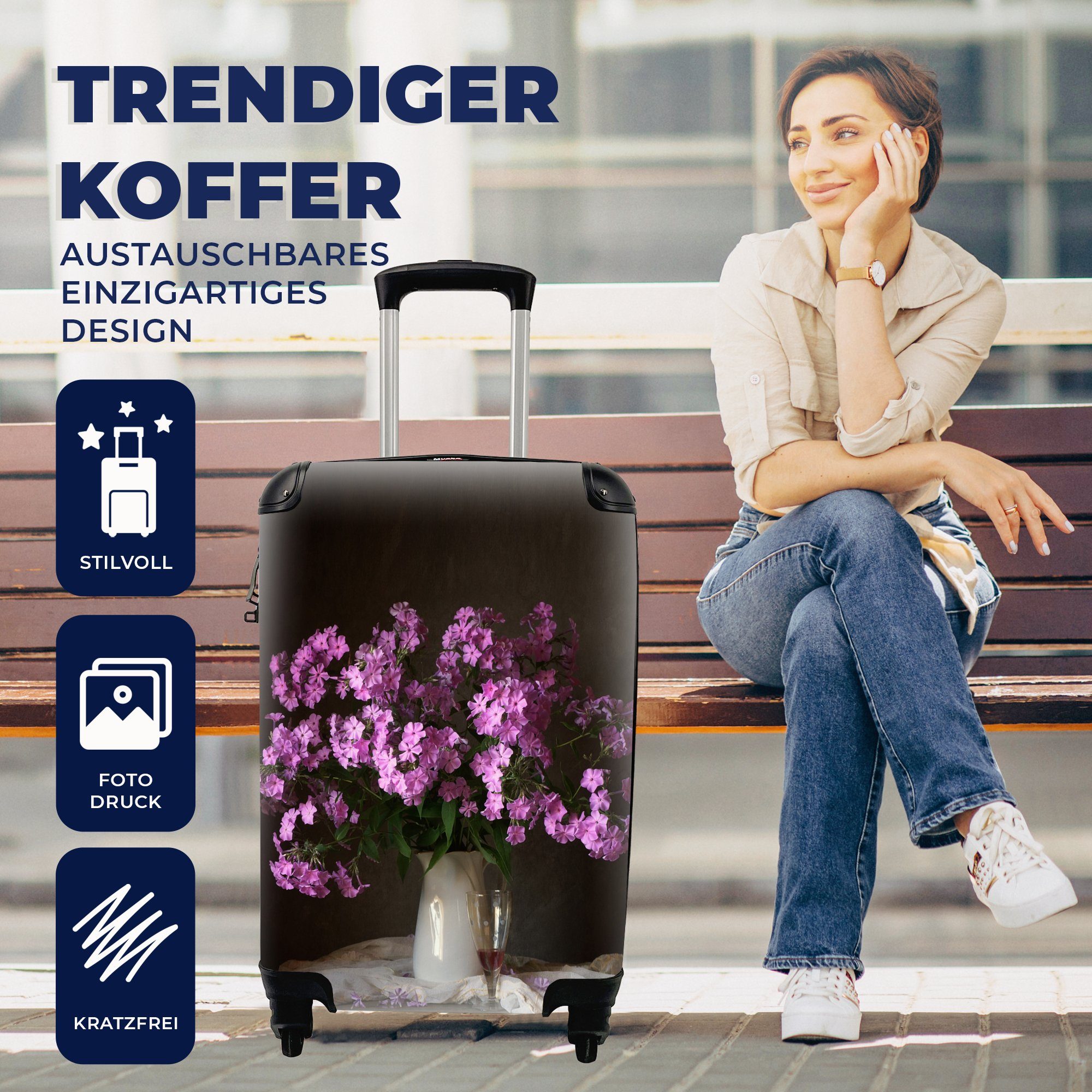 Trolley, Blumen mit Ferien, Handgepäck - Reisekoffer MuchoWow Rollen, - Rosa, für rollen, Reisetasche Krug 4 Handgepäckkoffer