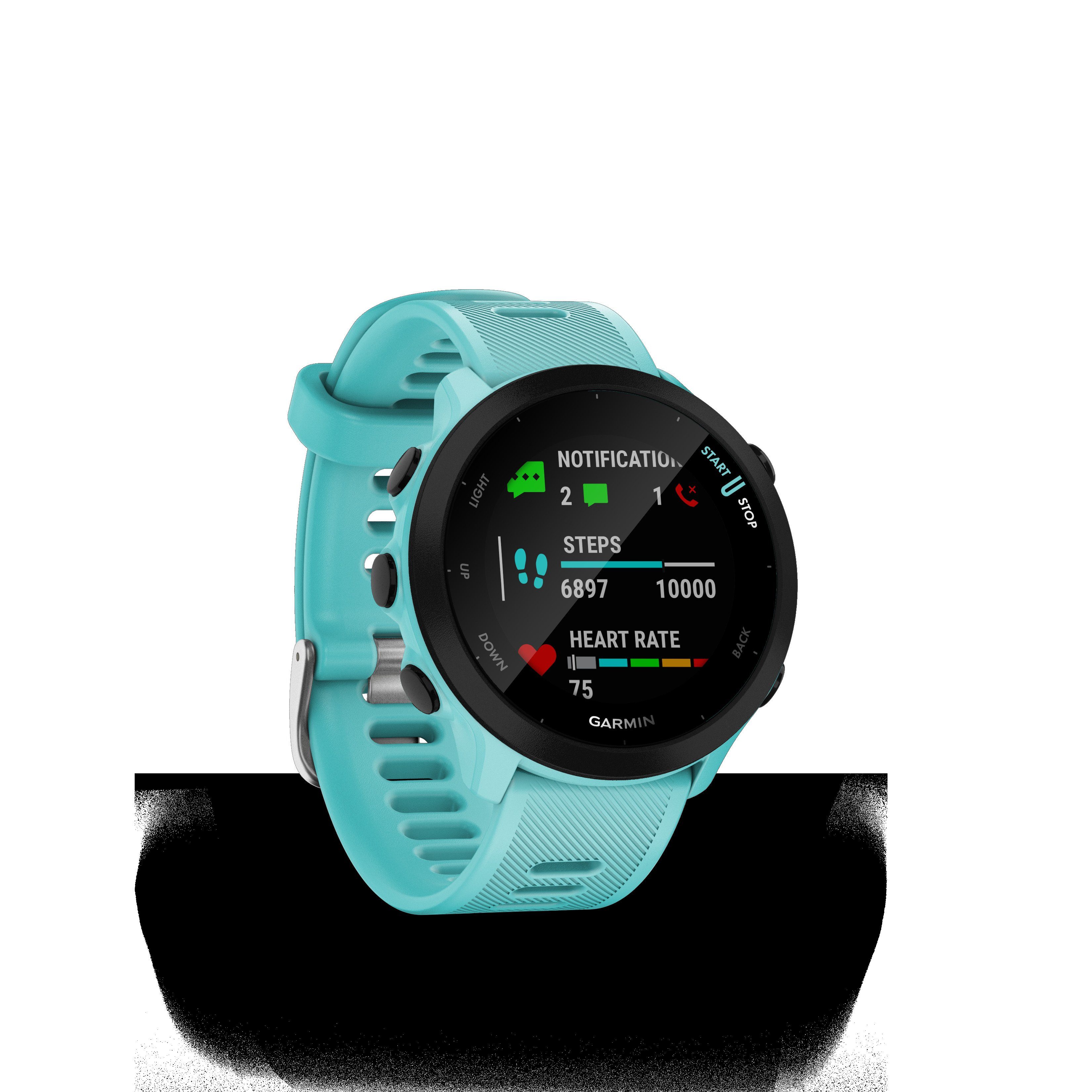 Garmin FORERUNNER 55 Multisport- Smartwatch (2,64 Garmin), türkis GPS-Laufuhr Zoll, cm/1,04 | türkis/schwarz