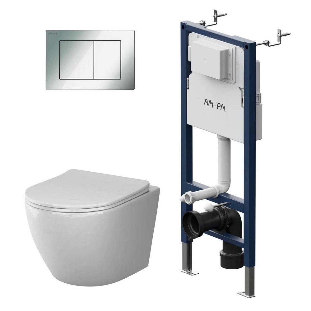 AM.PM WC-Komplettset Wand-Toilette Set mit Vorwandelement Drückerplatte & 2 Mengen Spülung, wandhängendes WC, Unterputz-Spülkasten, (Tiefspül-Toilette & Toilettensitz mit Absenkautomatik Tiefspüler + WC-Sitz + Unterputzspülkasten + Betätigungsplatte), wandhängend, Abgang waagerecht