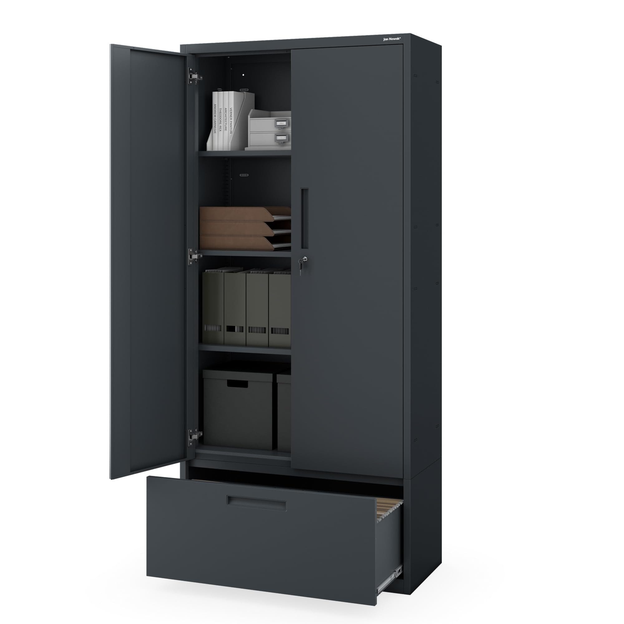 Jan Nowak Mehrzweckschrank Metall Büroschrank 90 cm MEGAN 195 cm 1 Schublade 40 cm Stahl (Stahl 0,6 mm 195 x 90 x 40 cm Wandmontage möglich PZH) Aktenschrank abschließbar Schloss 2 Schlüssel robust 4 Farben