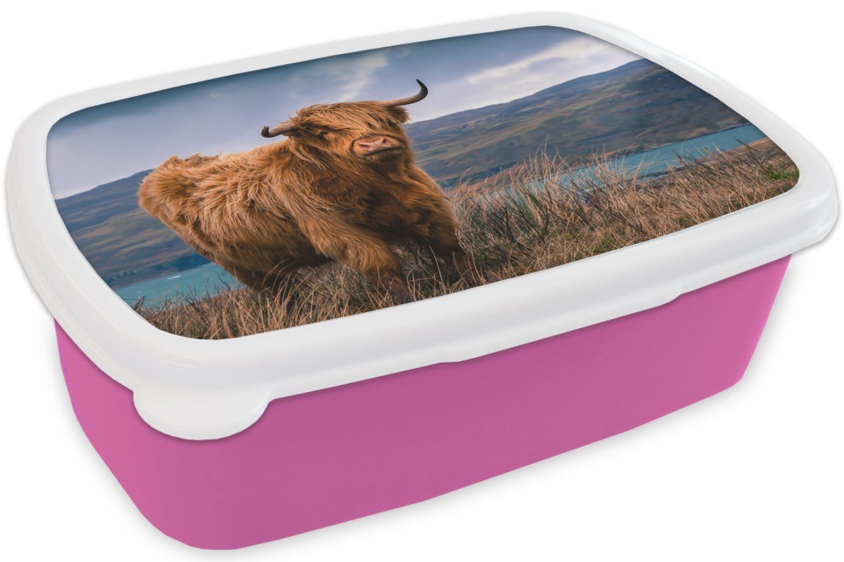 MuchoWow Kinder, Snackbox, Schottische Natur, - Brotbox Lunchbox Brotdose - Himmel Kunststoff Erwachsene, für Highlander Mädchen, Kunststoff, rosa (2-tlg),