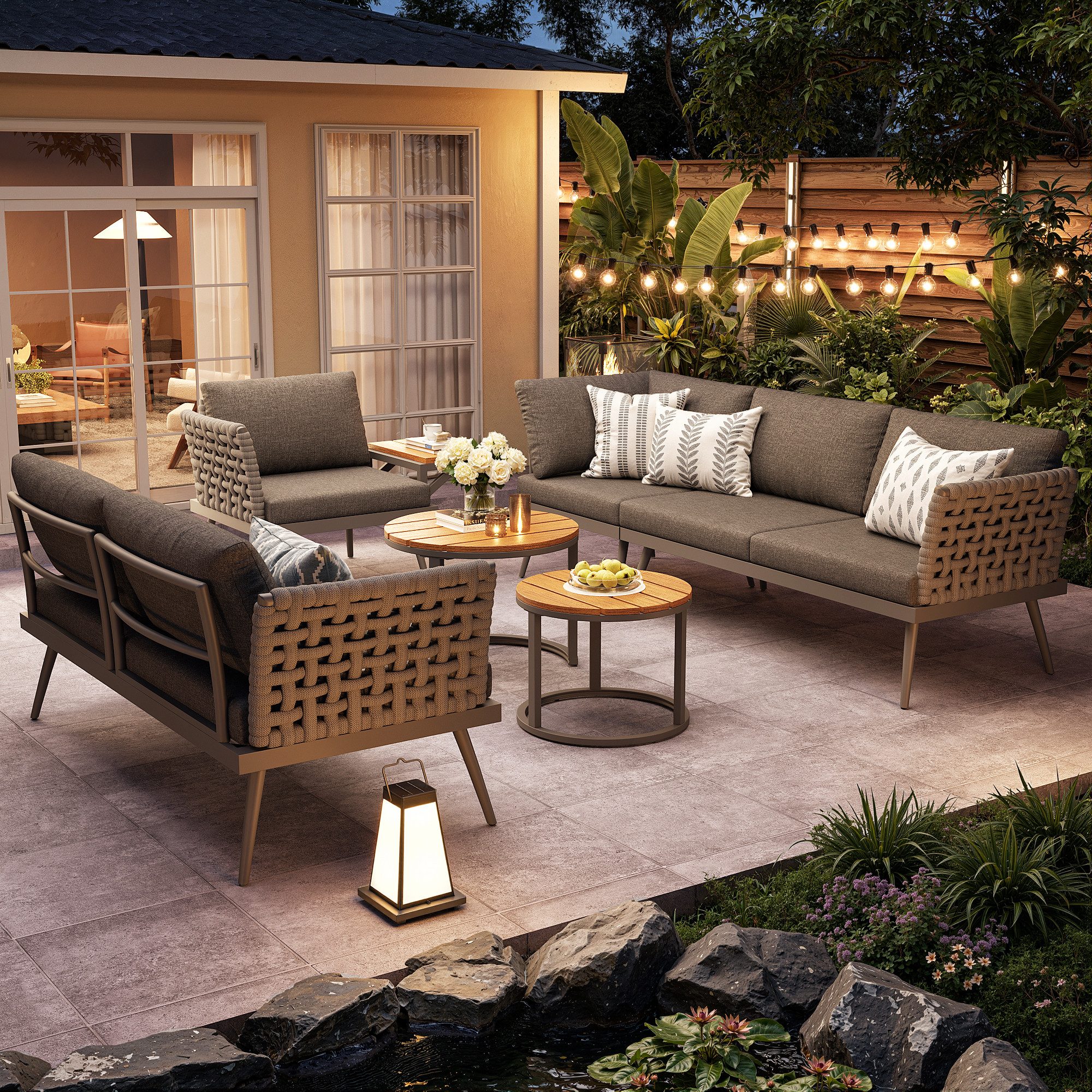 STILVORA Gartenlounge-Set L-förmiges Gartenmöbel-Set mit handgeflochtenen Armlehnen Polstern, (Gartensofa-Set mit 2 Holz-Couchtische & Sessel, wasser- und feuchtigkeitsabweisend, leicht zu reinigen), für Garten Terrasse Balkon