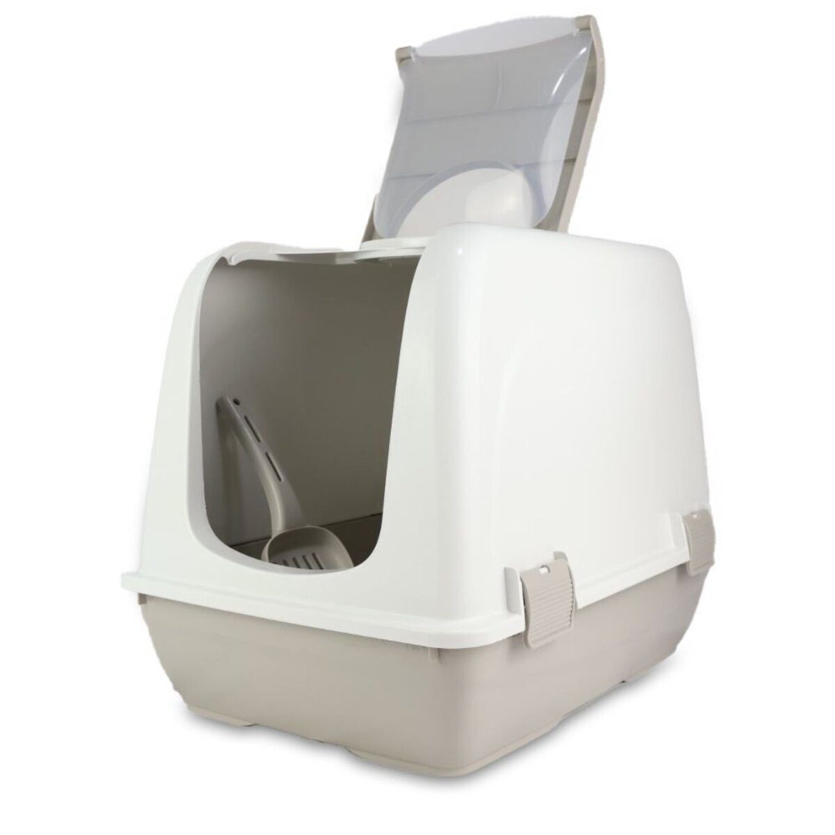 COFI 1453 Katzentoilette Haubentoilette mit Schwingtür ECO Grau, Klappbare Oberseite, zwei Filter, Schwingtür und Tragegriff