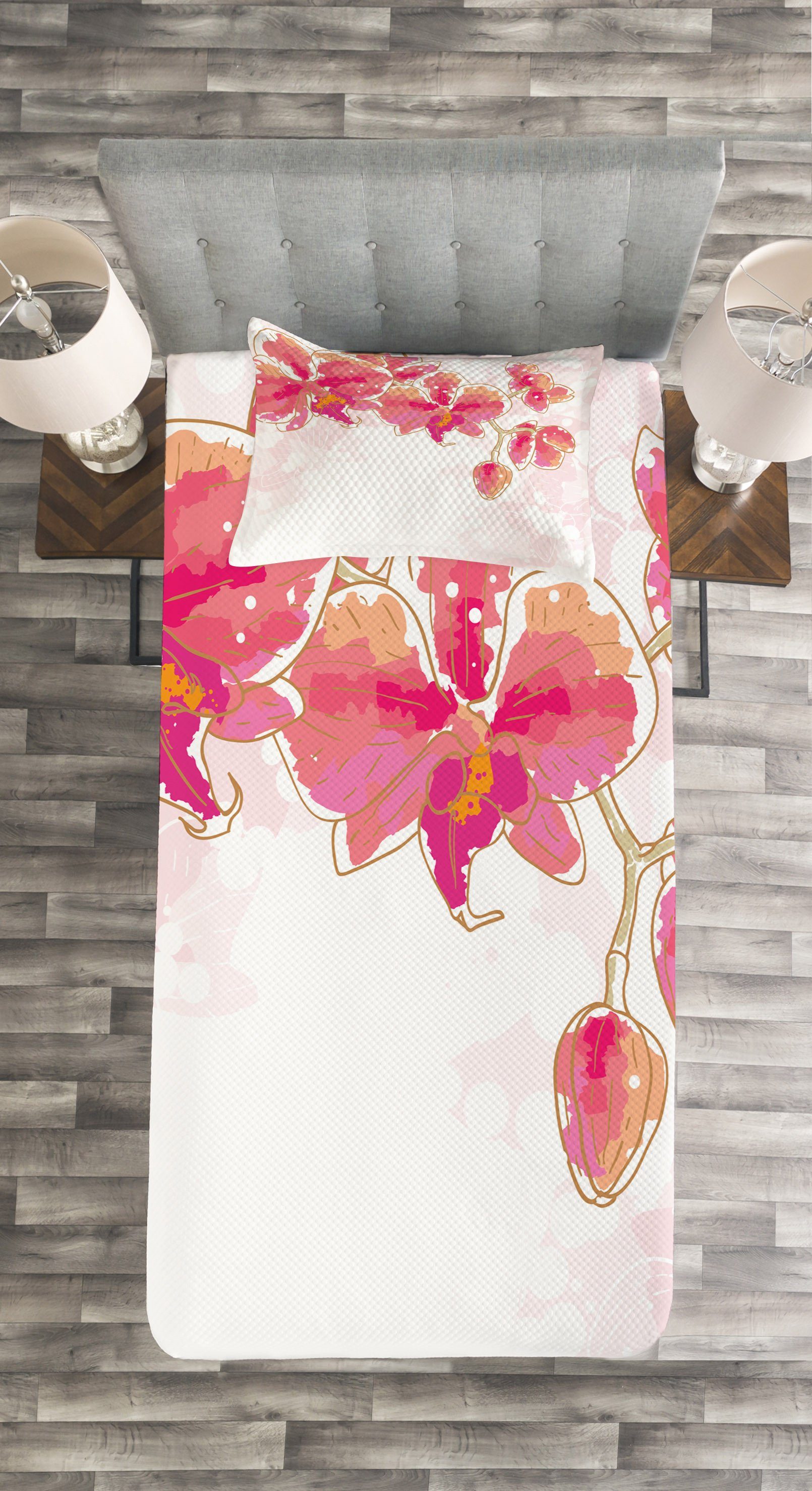 Tagesdecke Set mit Kissenbezügen Orchideen Konturzeichnung Blumen Abakuhaus, Waschbar