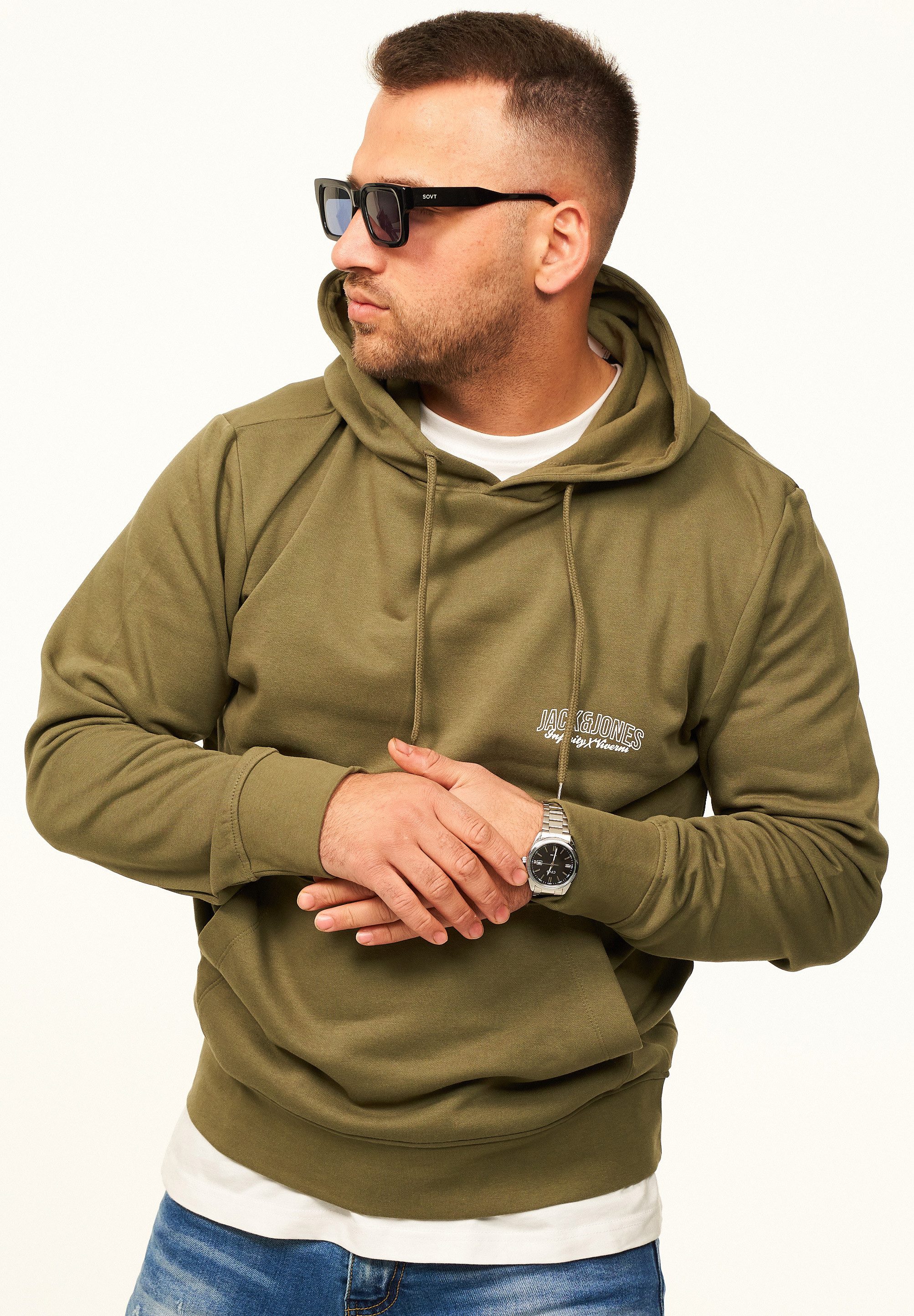 Jack & Jones Hoodie Pullover als Kapuzenpullover im Regular Fit - Sweatshirt für Herren Männer Sweatpullover mit Logo-Print aus Baumwollmischung