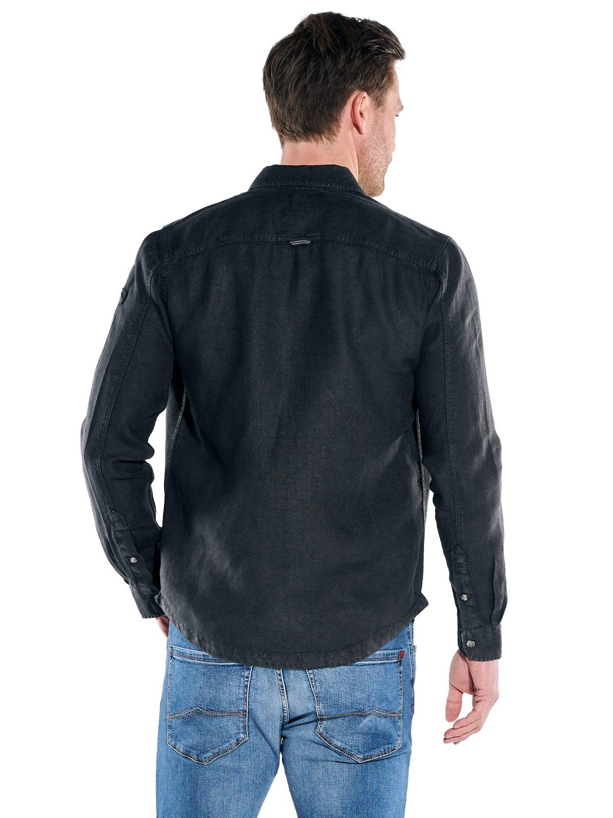 Engbers Langarmhemd Herren Leinen Overshirt mit Zipper, Saphirblau