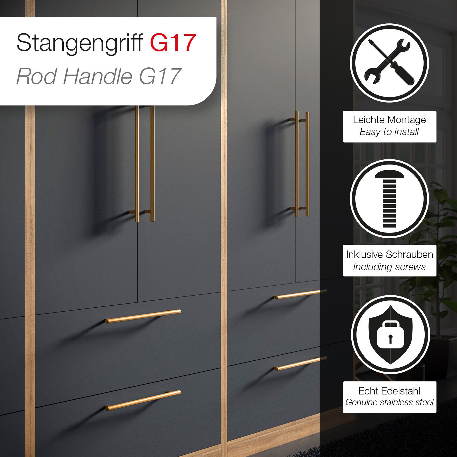 SO-TECH® Möbelgriff Stangengriff G17 echt Edelstahlrohr Ø 12 mm inkl. Schrauben (1-St), Goldfarbig galvanisiert, Bohrlochabstand 64 mm, Schrankgriff