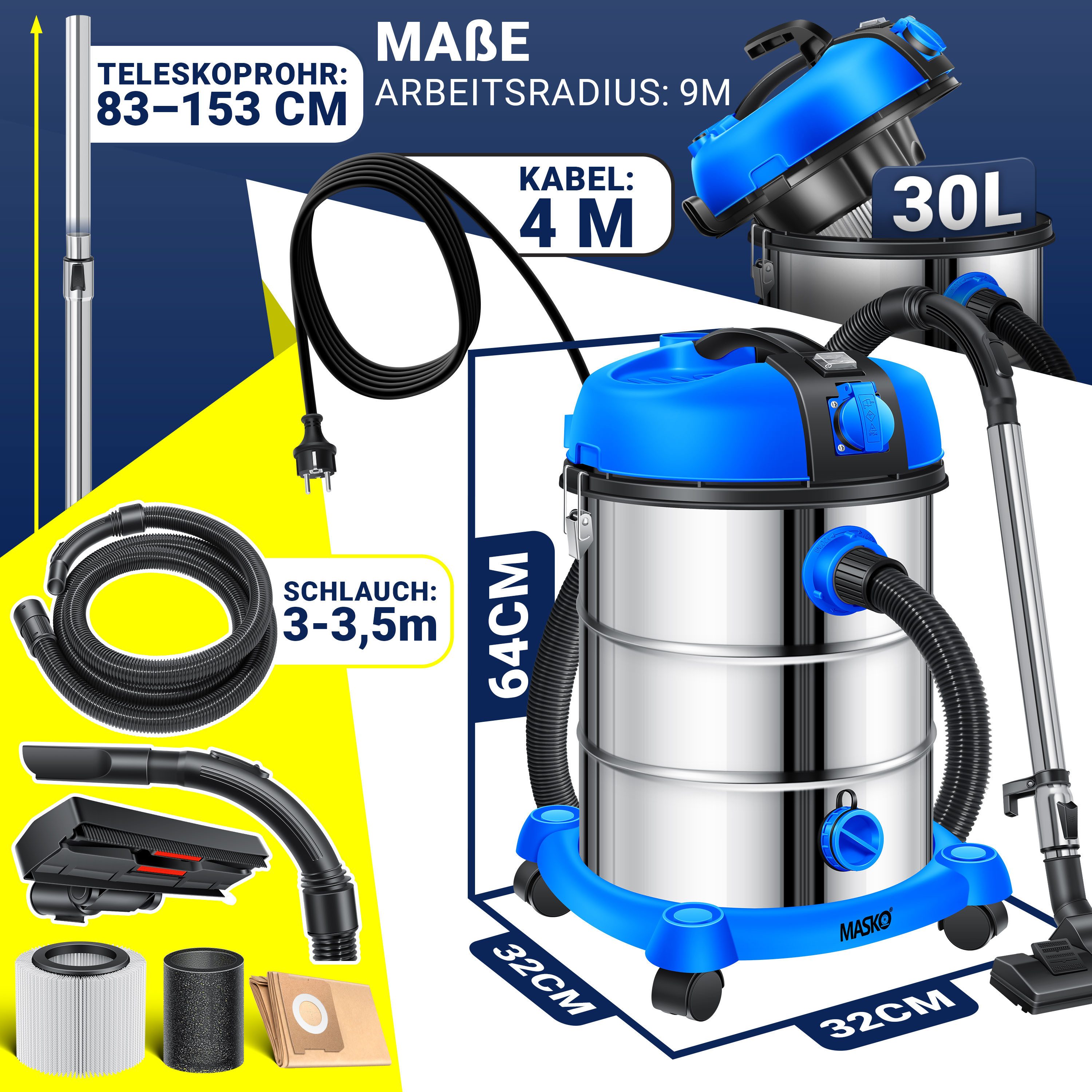 MASKO Industriesauger, 2300 W, Industriestaubsauger Staubsauger Nass Trocken Sauger Edelstahl