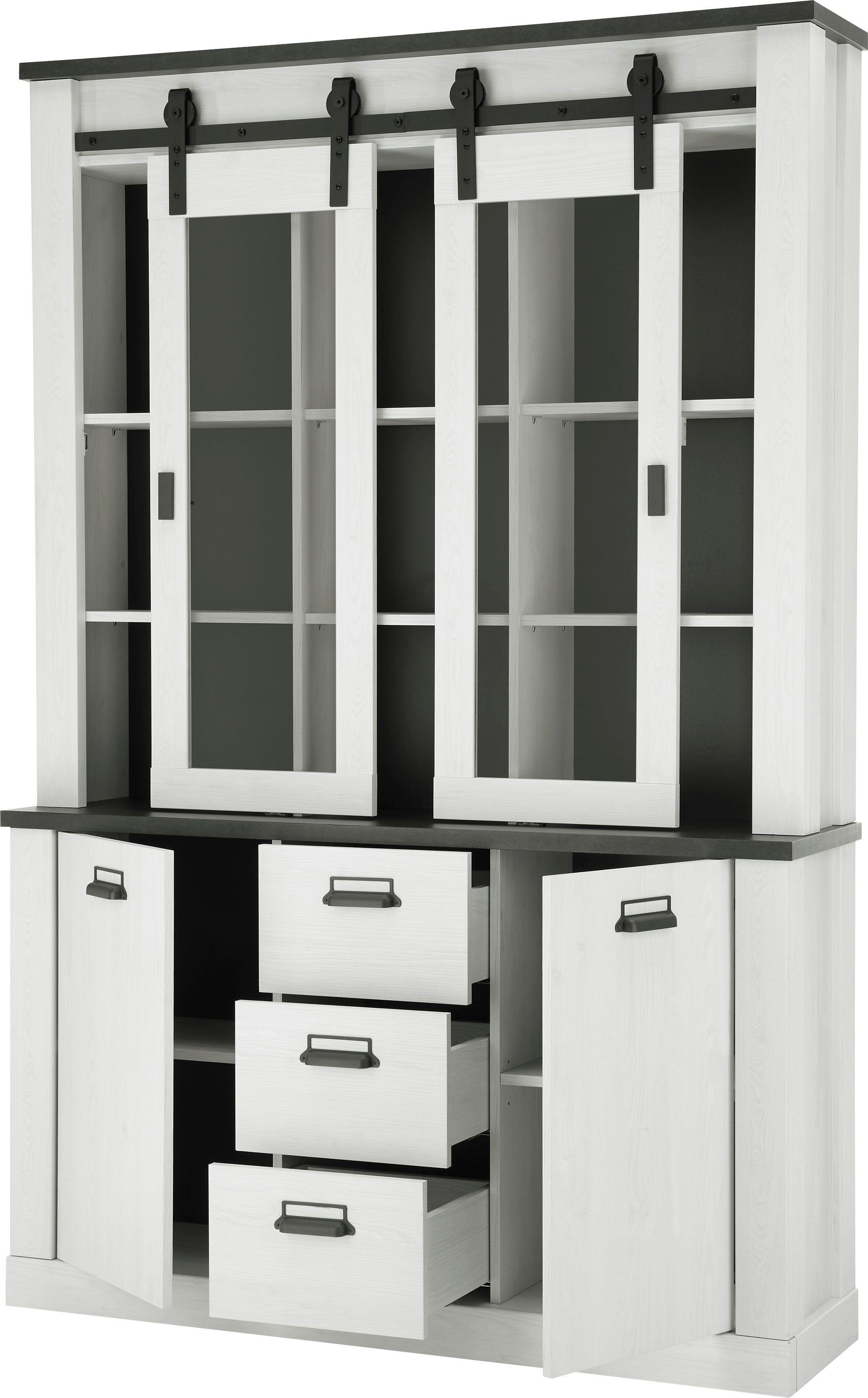 Home affaire Wohnwand SHERWOOD, (2-St), Scheunentorbeschlag und Apothekergriffe aus Metall, Höhe 201 cm
