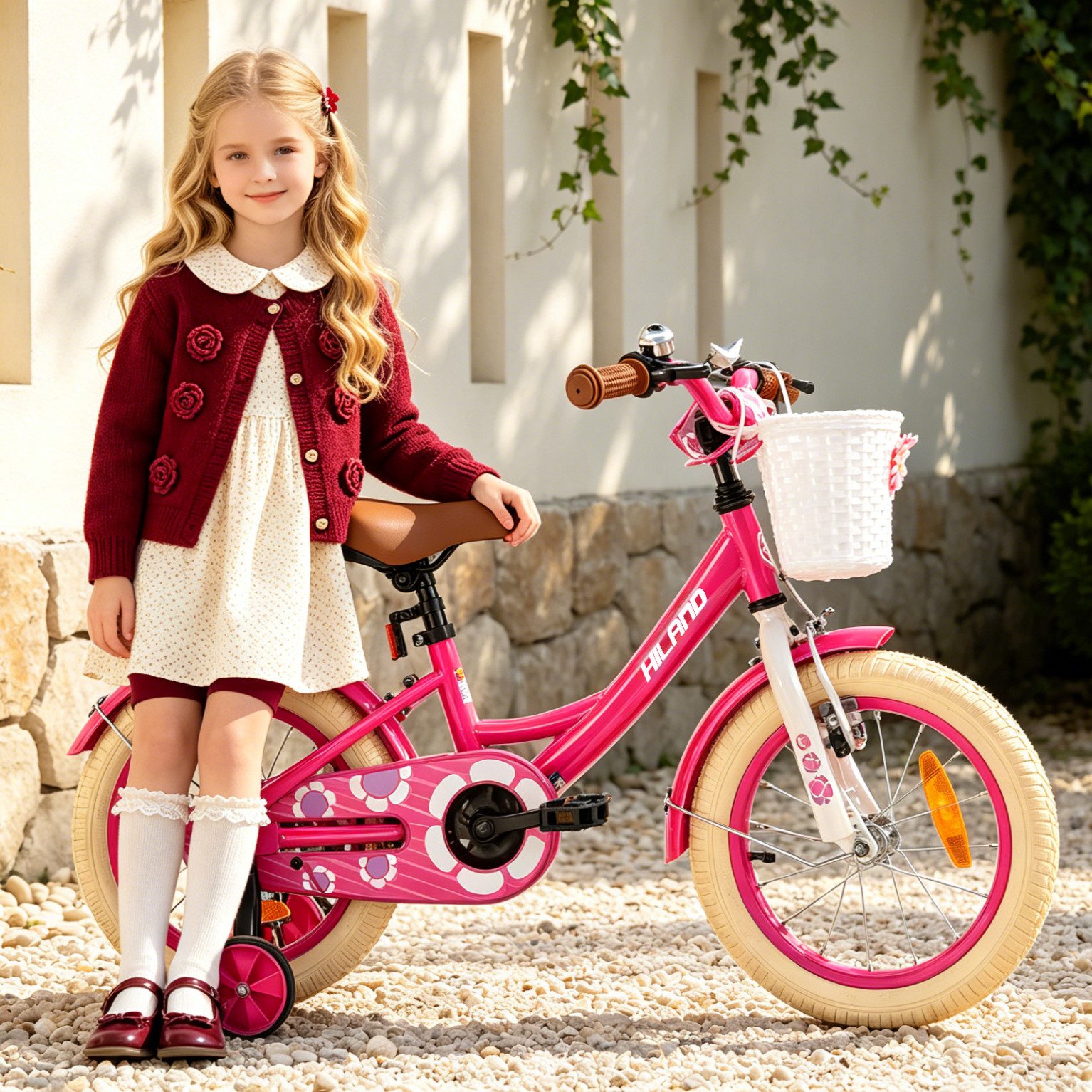 HILAND Kinderfahrrad Petal 12/14/16 Zoll Mädchenfahrrad, Kinderfahrrad für Mädchen, mit Korb und Stützrädern, Kotflügel, Hilfsrad, Fahrradklingel – Bild 5 von 5
