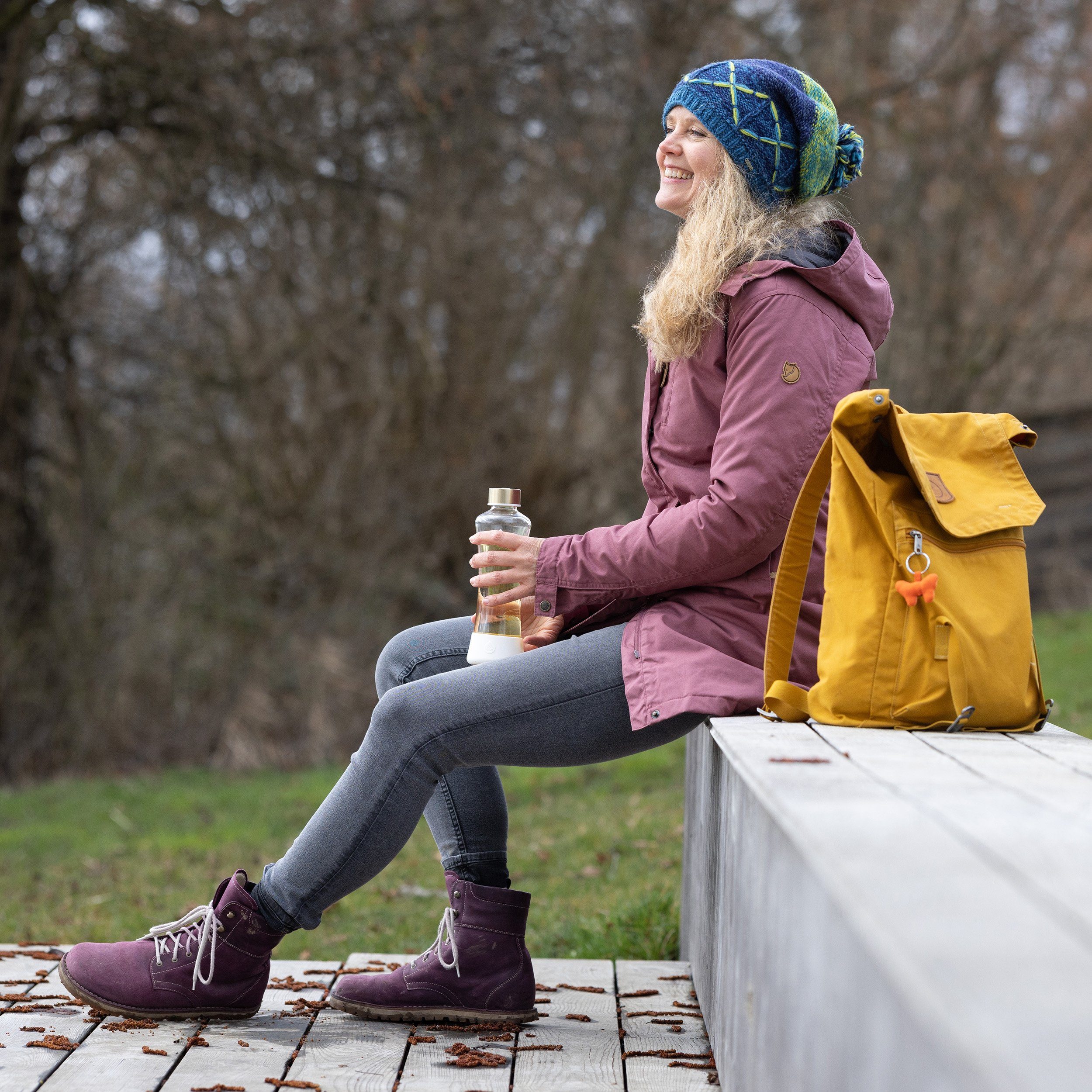 hoher Wollmütze Schurwollanteil Strickmütze mit Beanie mit McRon Blau-Gelb Faye Fleece, Bommel, gefüttert Modell