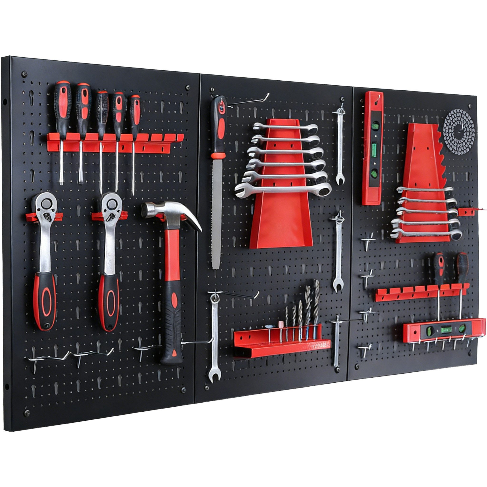 Floordirekt Werkzeughalter Werkzeugwand Parker Lochwand Set Metall mit Zubehör Lochplatte modular, 3-tlg., Schwarz (Platten), Rot (Zubehör), ca. 15 kg pro Platte