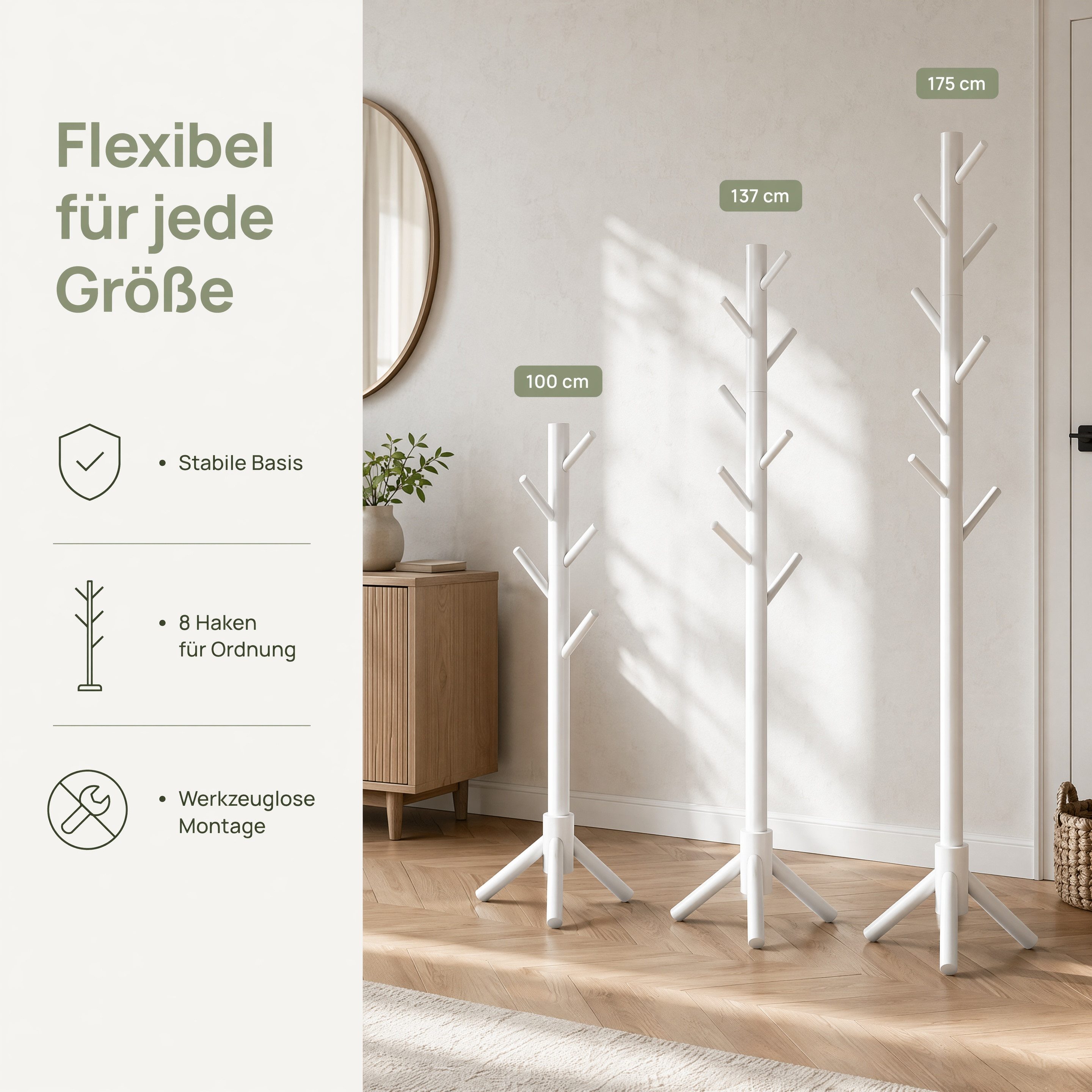 PIPISHELL Kleiderständer Garderobenständer, aus massivem Kiefernholz, (101/ 138/ 175 cm), Höhenverstellbar, 8 Haken, Skandinavisches Design, Stabile Basis