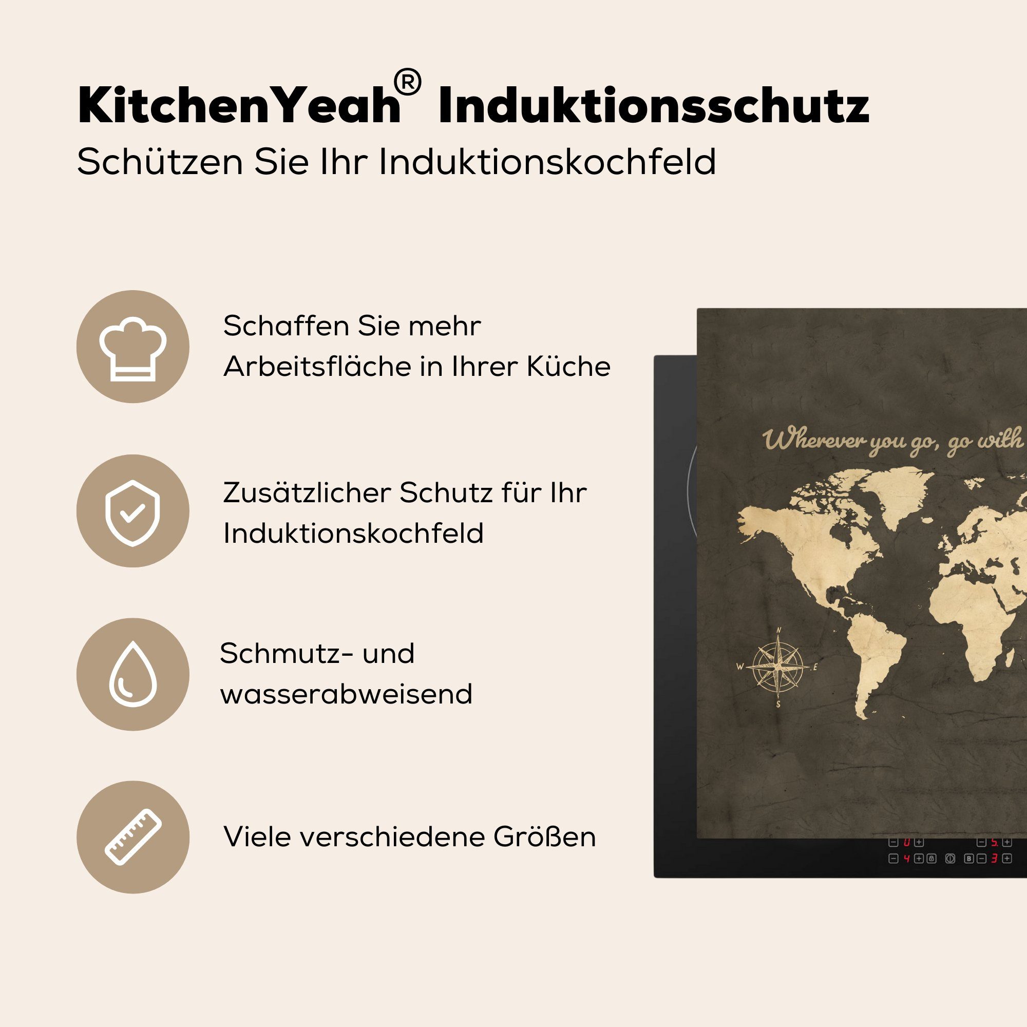 Weltkarte (1 küche tlg), Herdblende-/Abdeckplatte Arbeitsplatte Ceranfeldabdeckung, - Windrose, - Vinyl, Vintage 78x78 für cm, MuchoWow