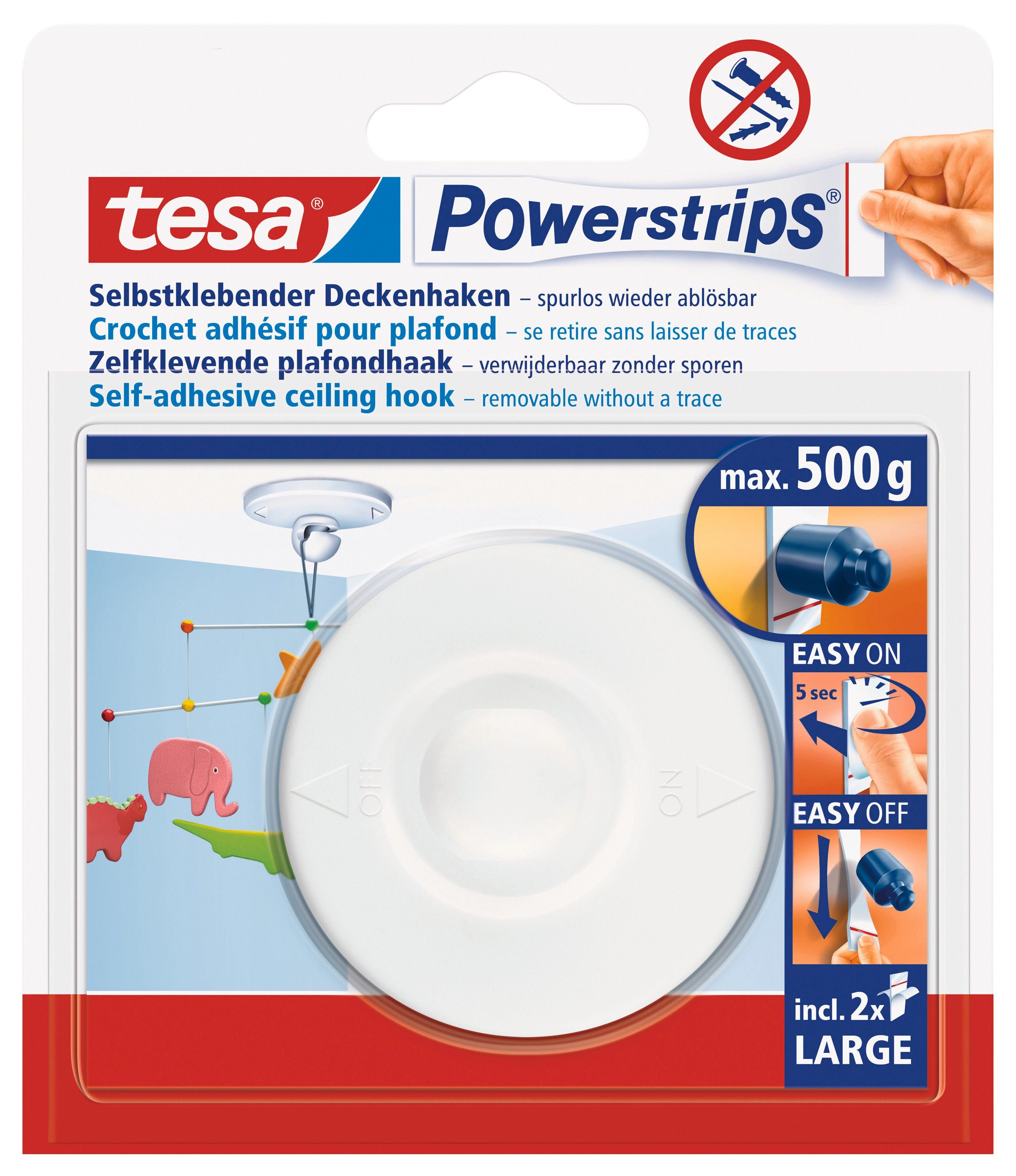 tesa Klebehaken Powerstrips Deckenhaken, Lampen, Dekoration, Lichterketten, Girlanden, (Packung, 1-St., Haken, Powerstrip), Stripes selbstklebend - Haken für die Decke - je max. 500 g | Gardinenhaken