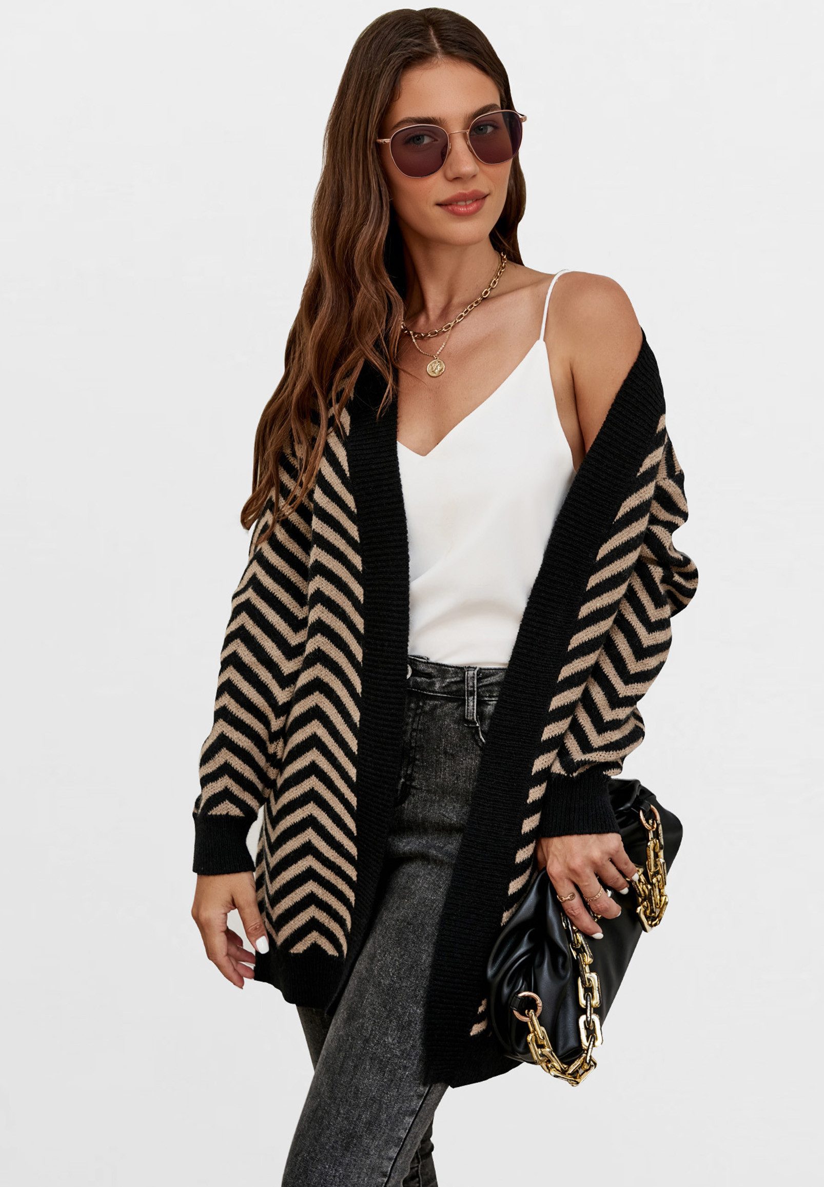 FS Collection Longstrickjacke Damen Longstrickjacke – Weicher, gemütlicher Cardigan mit Relax-Fit (Einheitsgröße: UK 8–16 / EU 36–44, 2 Farbe: Beige-Schwarz und Grau-Schwarz) 42 % Acryl, 28 % Nylon, 30 % Polyester